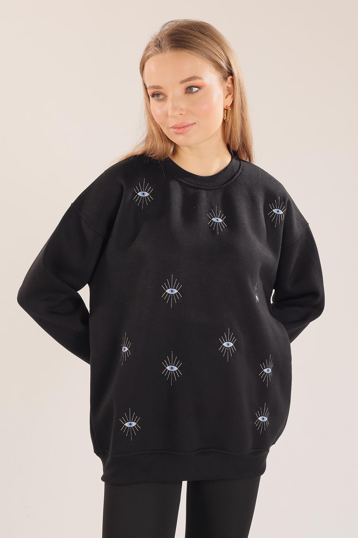 Siyah Göz Nakışlı Oversize Sweat 1543 