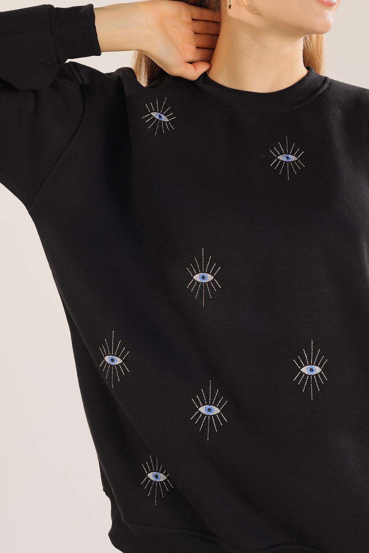 Siyah Göz Nakışlı Oversize Sweat 1543 - 2