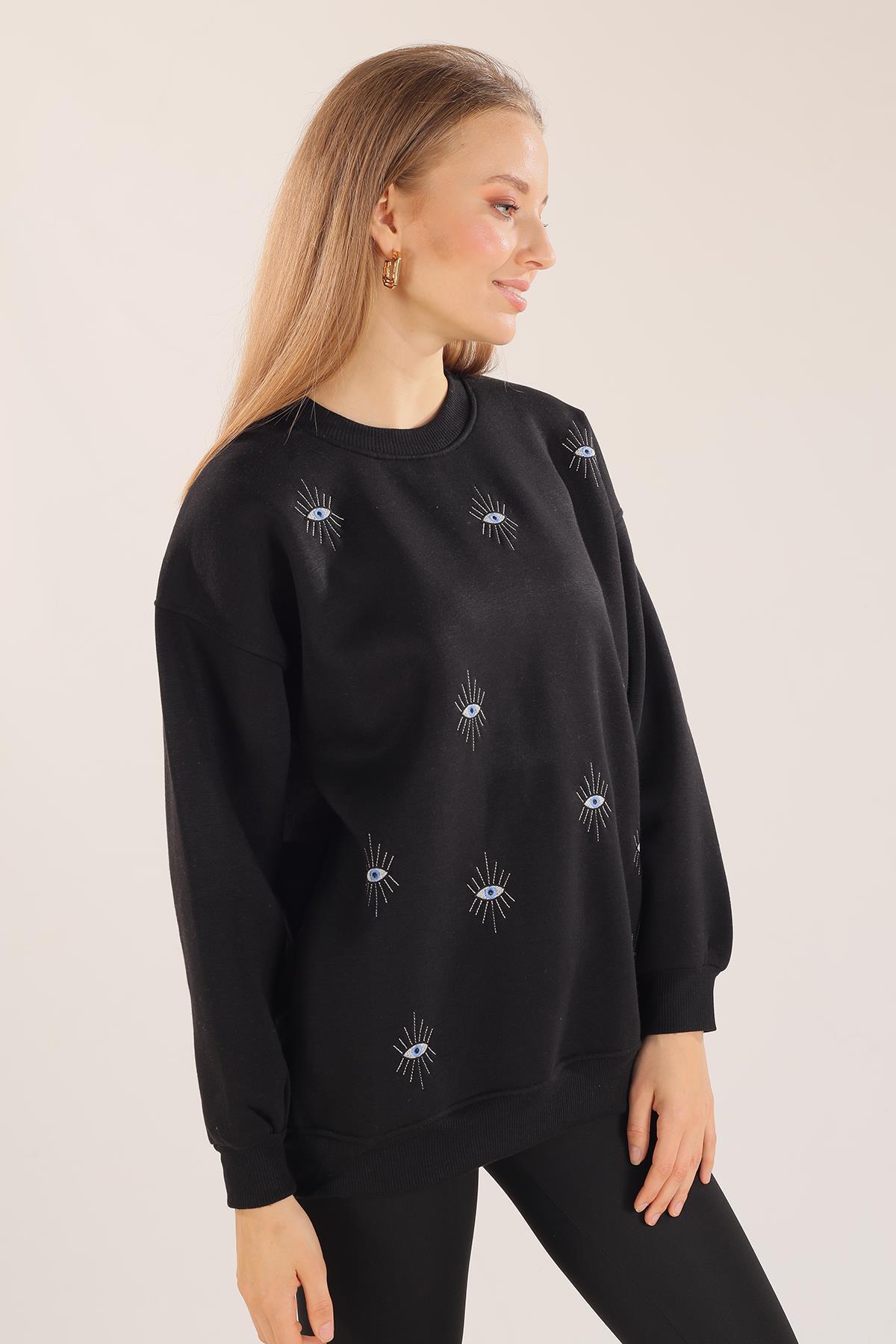 Siyah Göz Nakışlı Oversize Sweat 1543 - 4