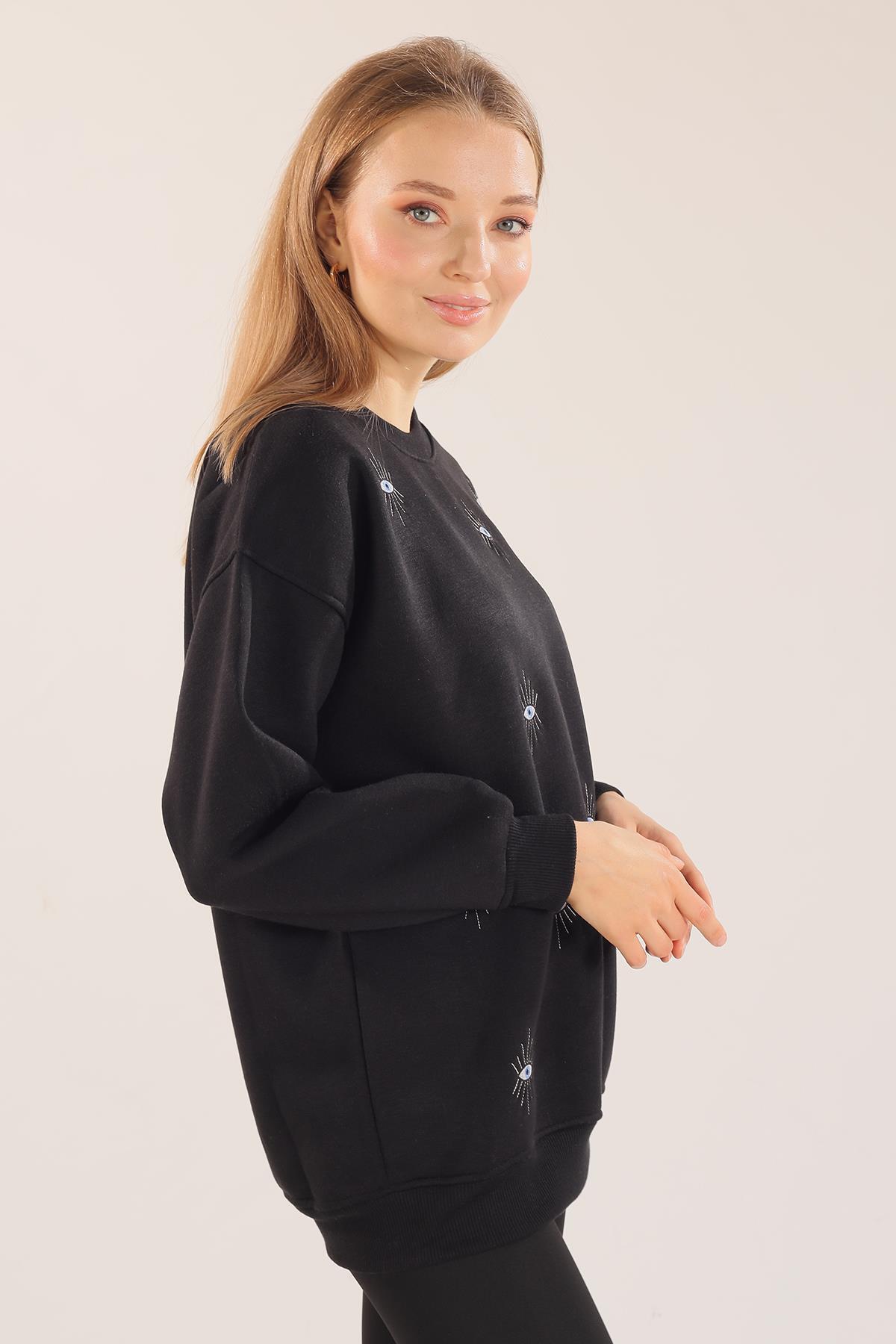 Siyah Göz Nakışlı Oversize Sweat 1543 - 5