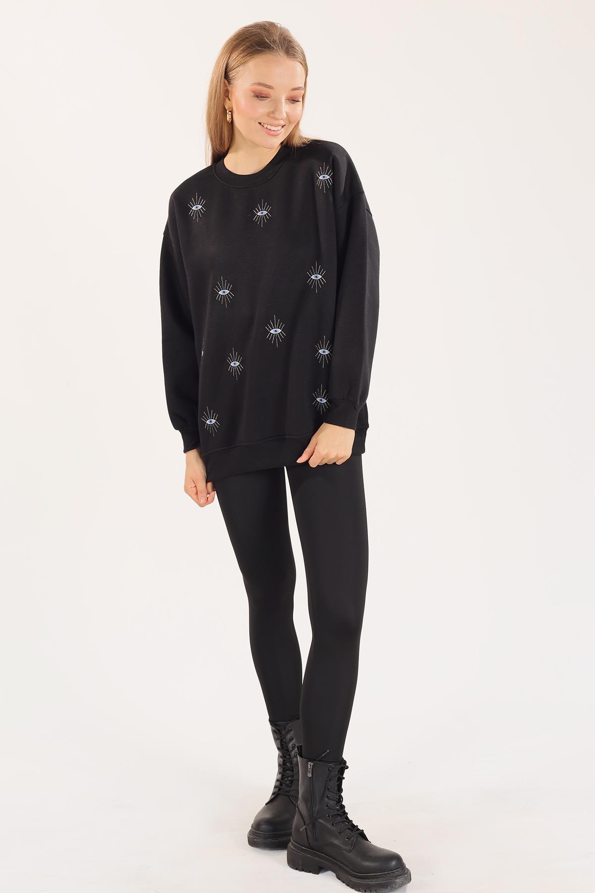 Siyah Göz Nakışlı Oversize Sweat 1543 - 7