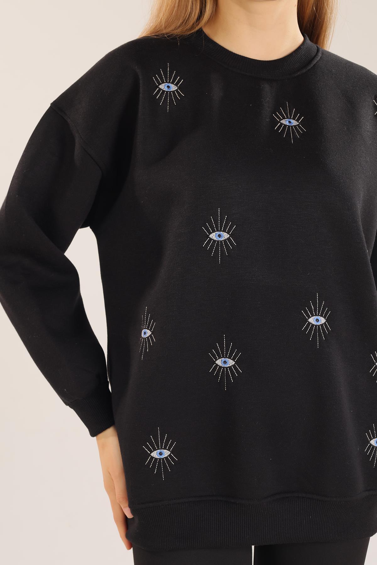 Siyah Göz Nakışlı Oversize Sweat 1543 - 3
