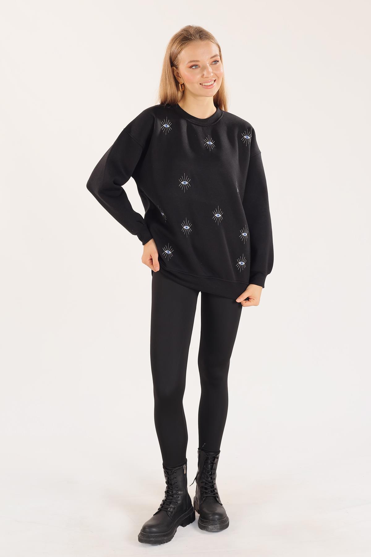 Siyah Göz Nakışlı Oversize Sweat 1543 - 6