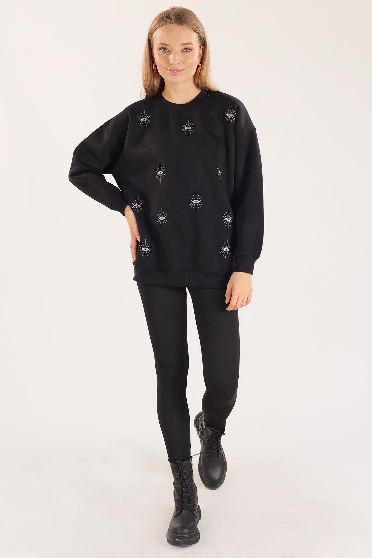Siyah Göz Nakışlı Oversize Sweat 1543 - 8