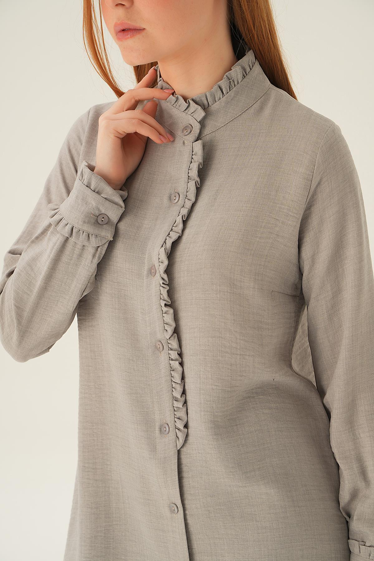 15454 Kol Yaka Fırfır Detay Tunik Gri - 3