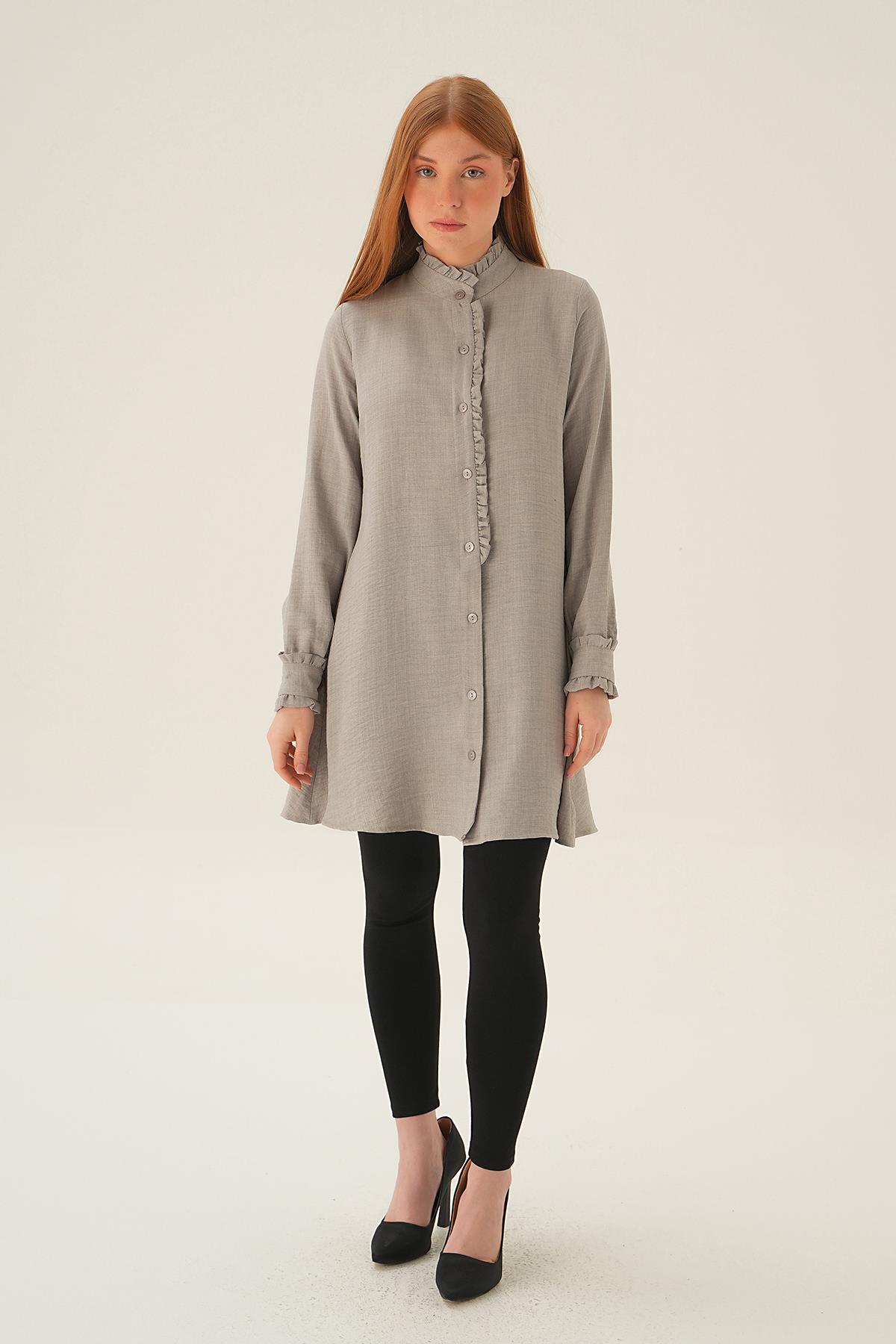 15454 Kol Yaka Fırfır Detay Tunik Gri - 4