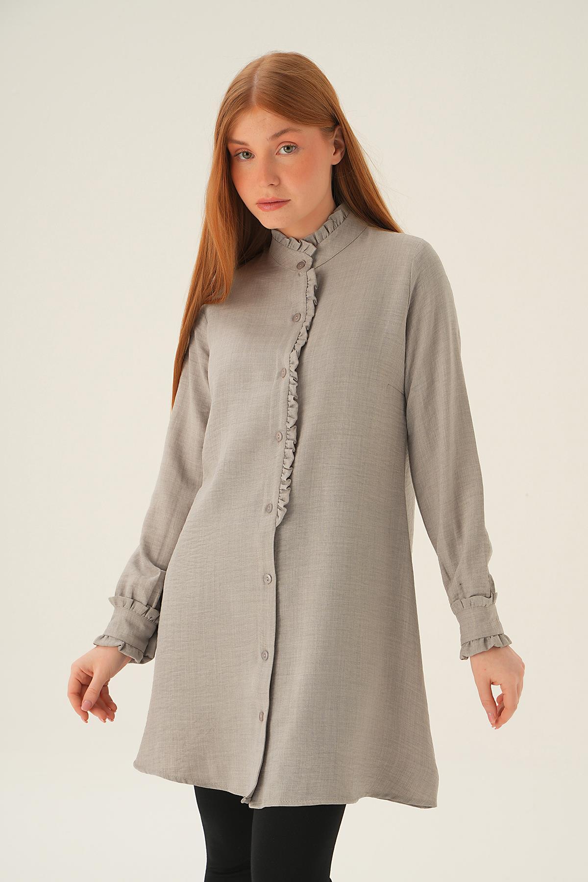 15454 Kol Yaka Fırfır Detay Tunik Gri - 6