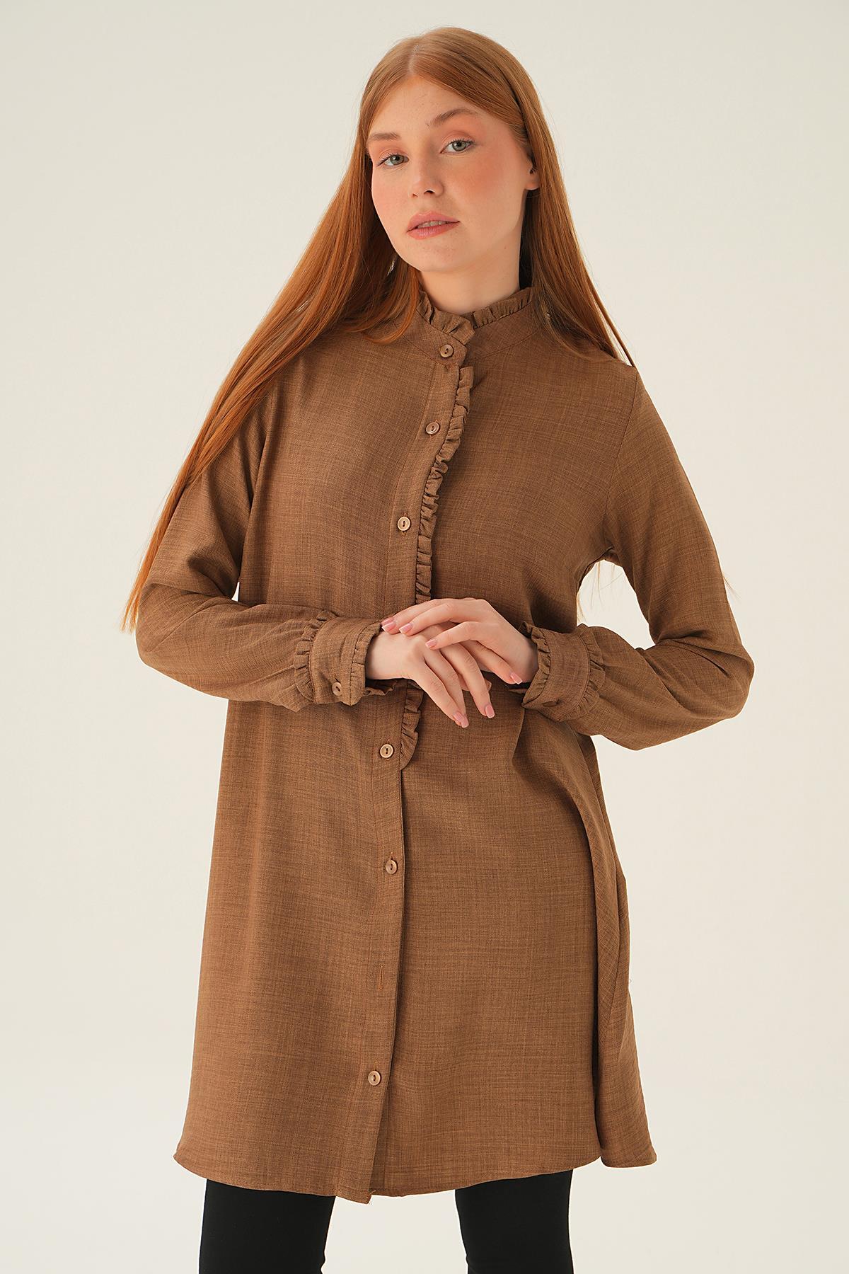 Kahve Kol Yaka Fırfır Detay Tunik 15454 - 1