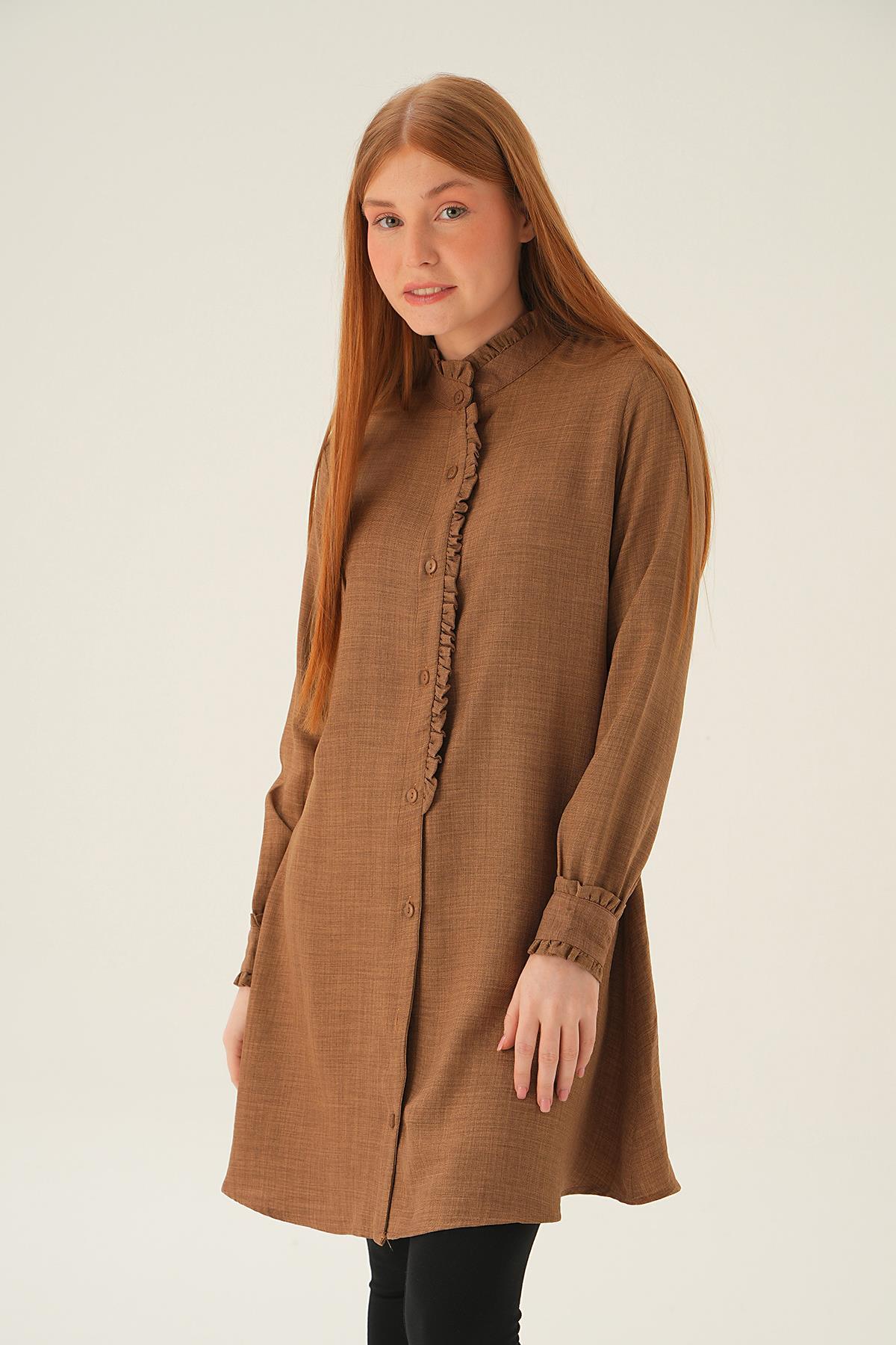 Kahve Kol Yaka Fırfır Detay Tunik 15454 - 2