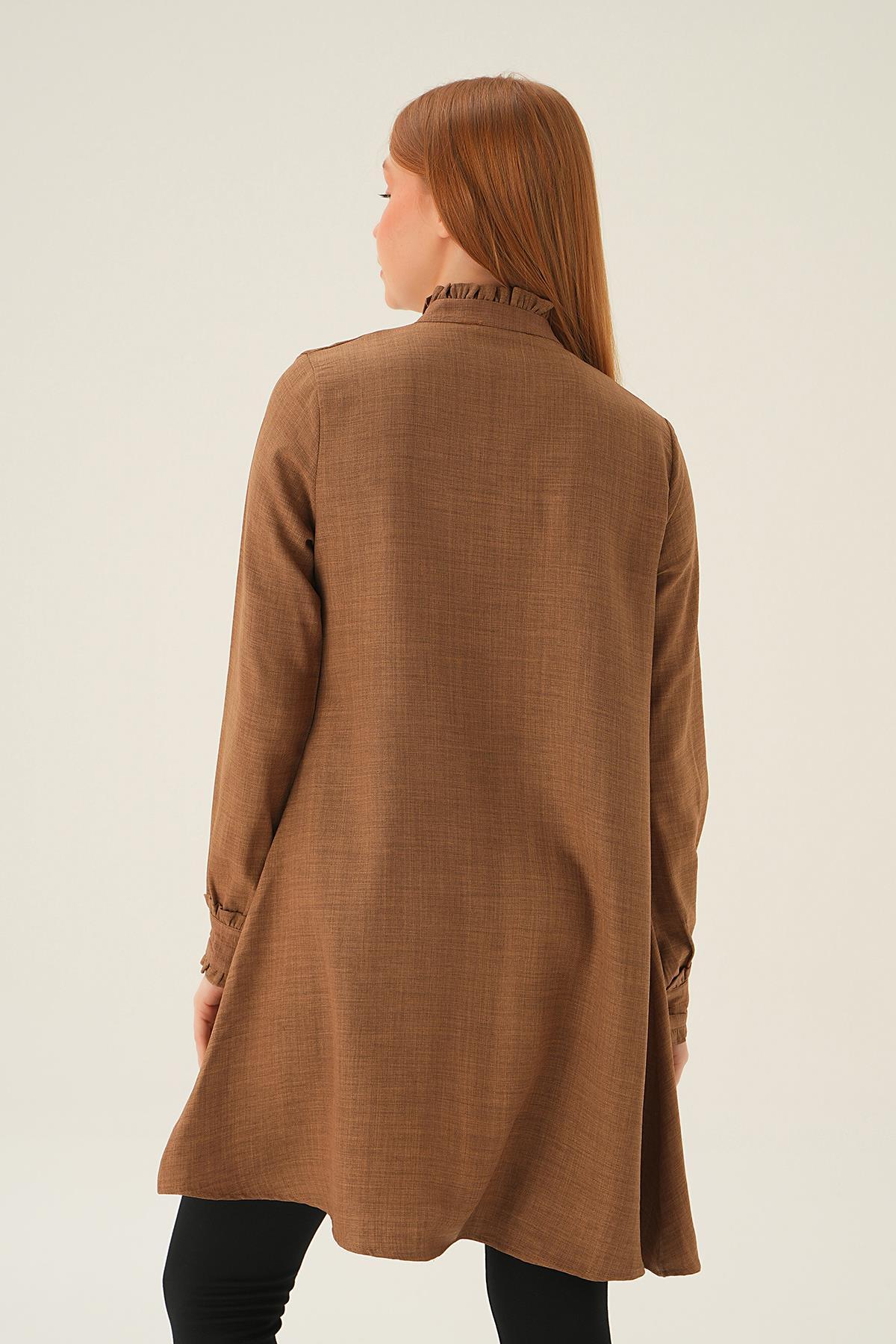 Kahve Kol Yaka Fırfır Detay Tunik 15454 - 3