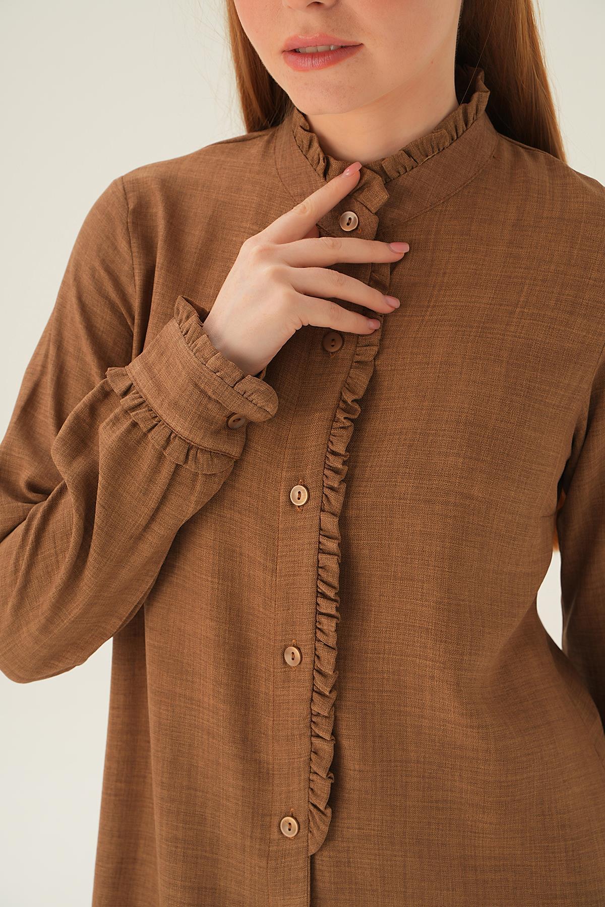 Kahve Kol Yaka Fırfır Detay Tunik 15454 - 4