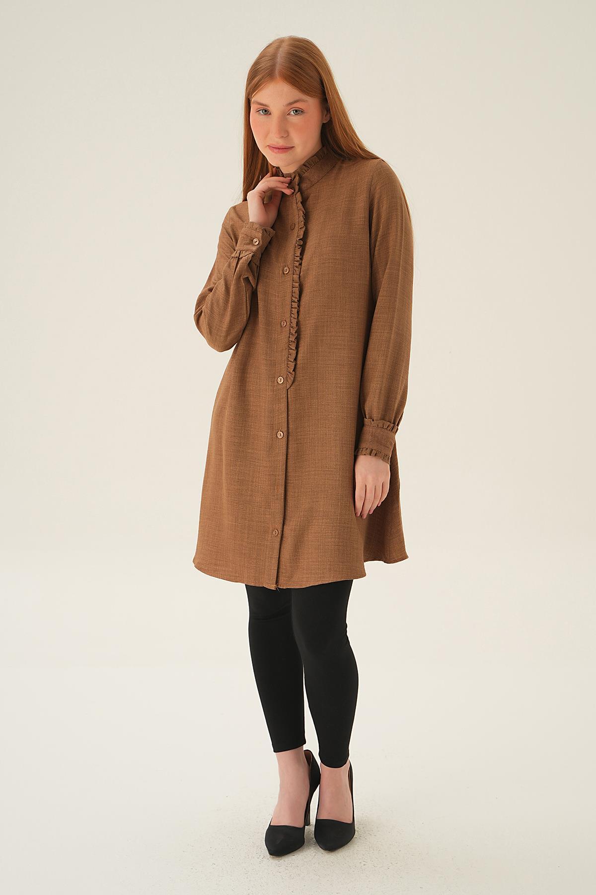 Kahve Kol Yaka Fırfır Detay Tunik 15454 - 6