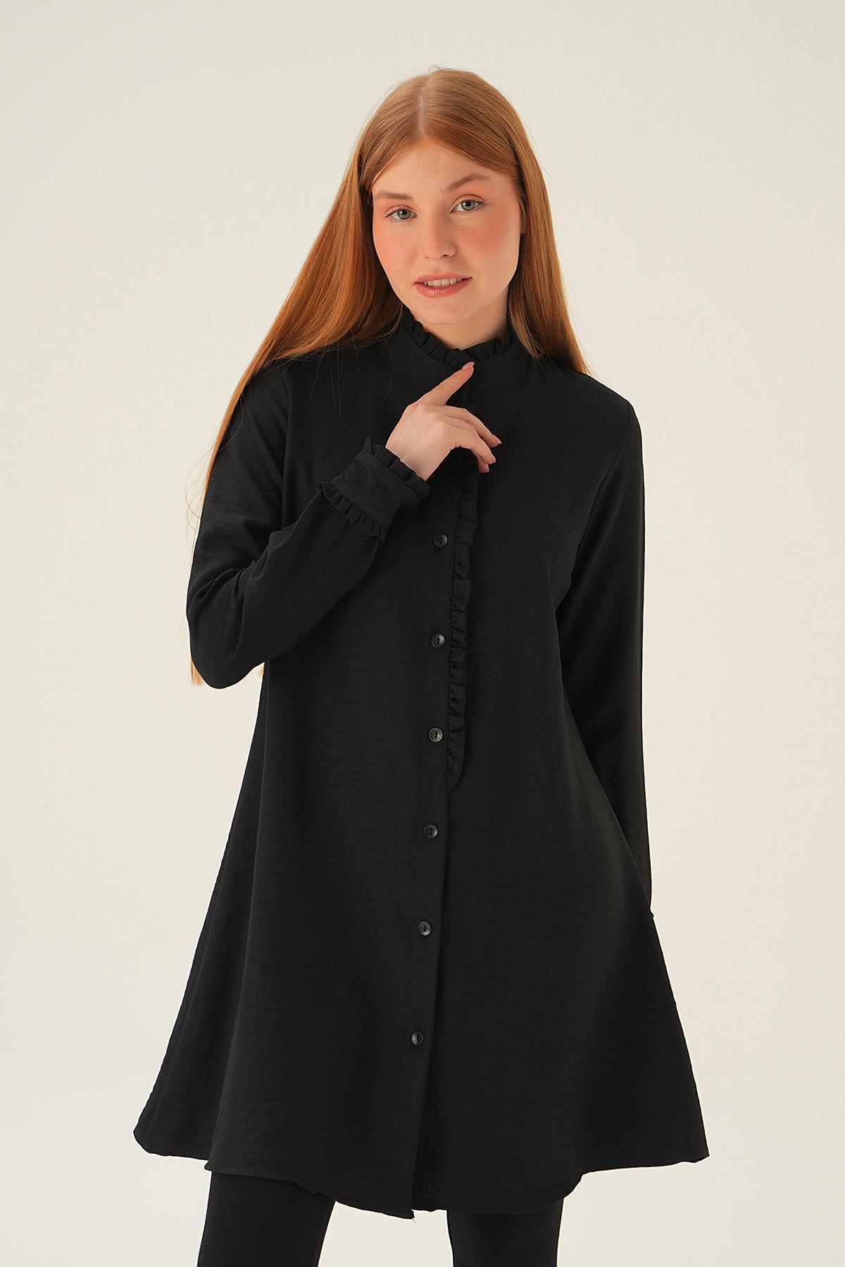 15454 Kol Yaka Fırfır Detay Tunik Siyah 