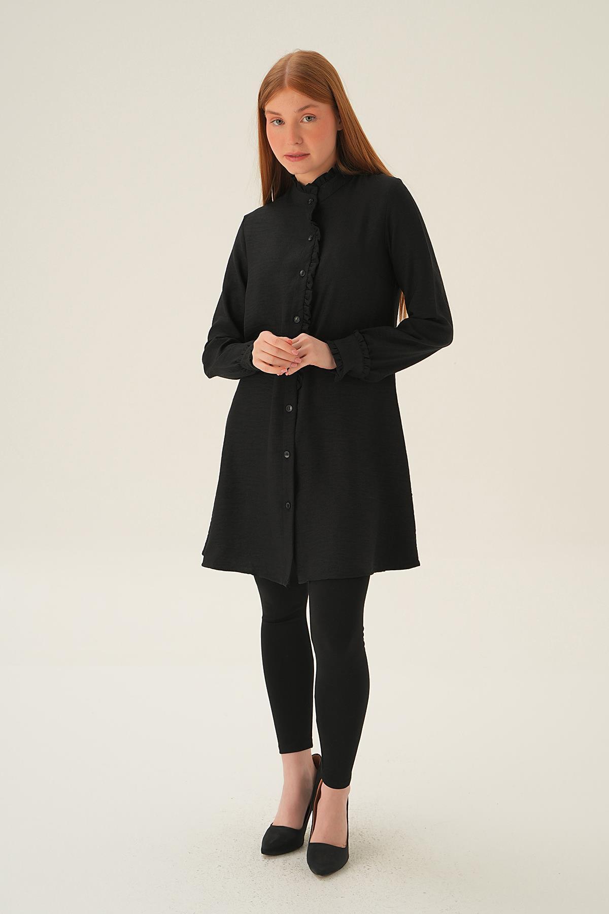 15454 Kol Yaka Fırfır Detay Tunik Siyah - 5