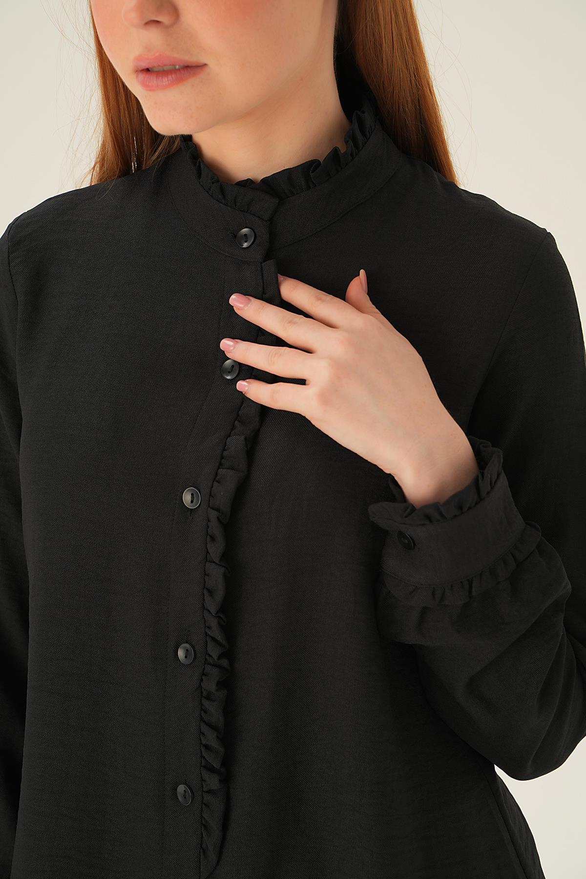15454 Kol Yaka Fırfır Detay Tunik Siyah - 3