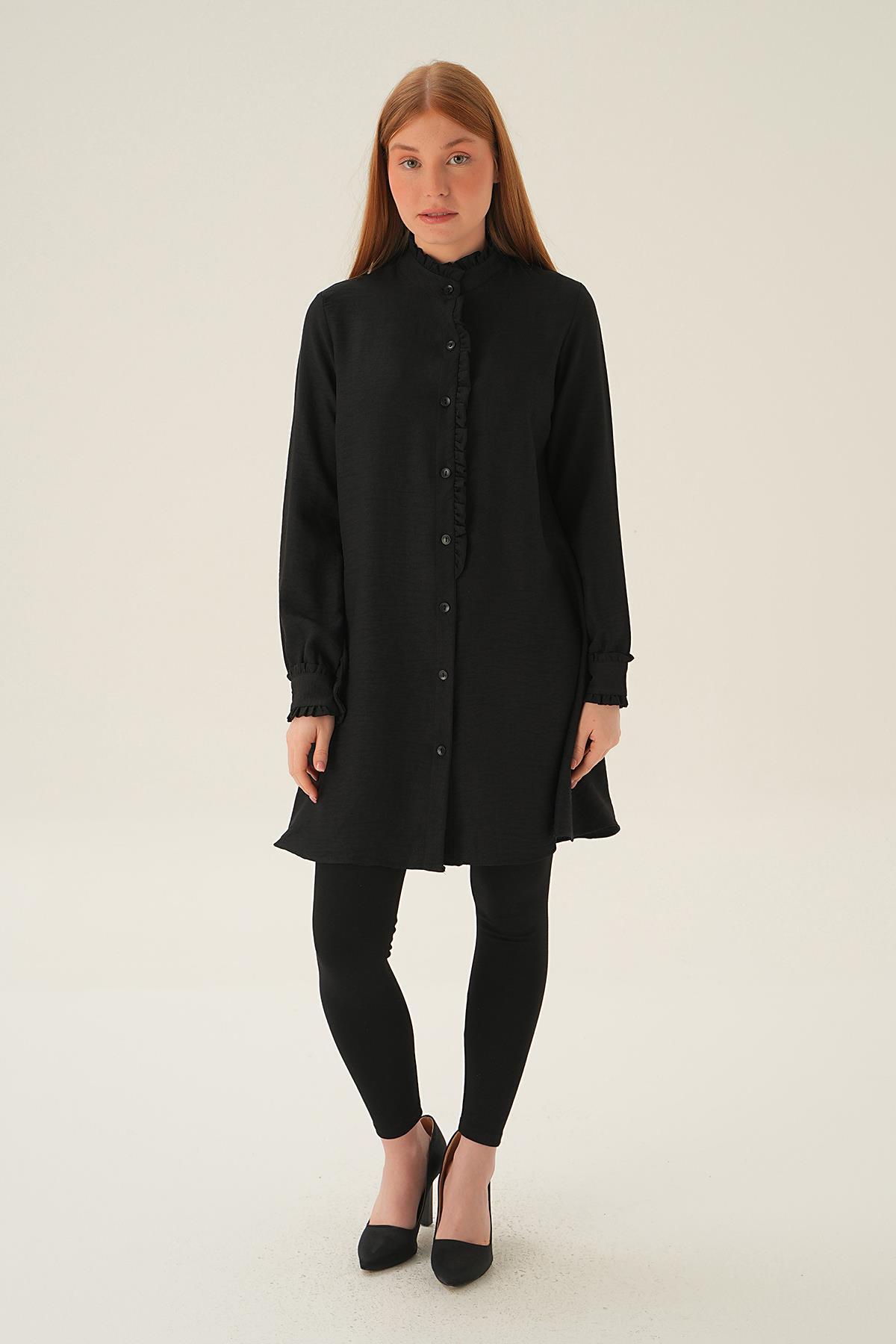 15454 Kol Yaka Fırfır Detay Tunik Siyah - 4