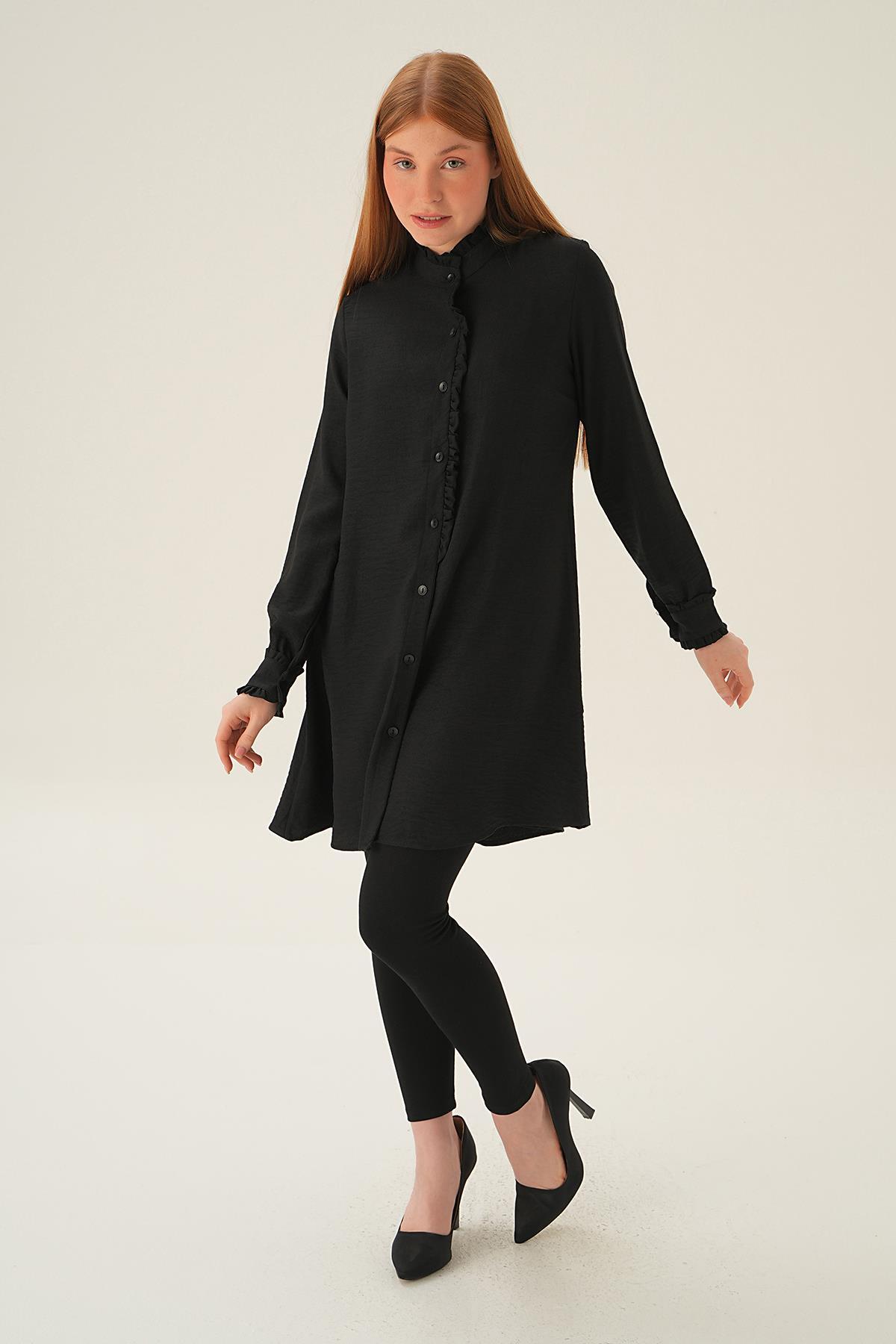 15454 Kol Yaka Fırfır Detay Tunik Siyah - 6
