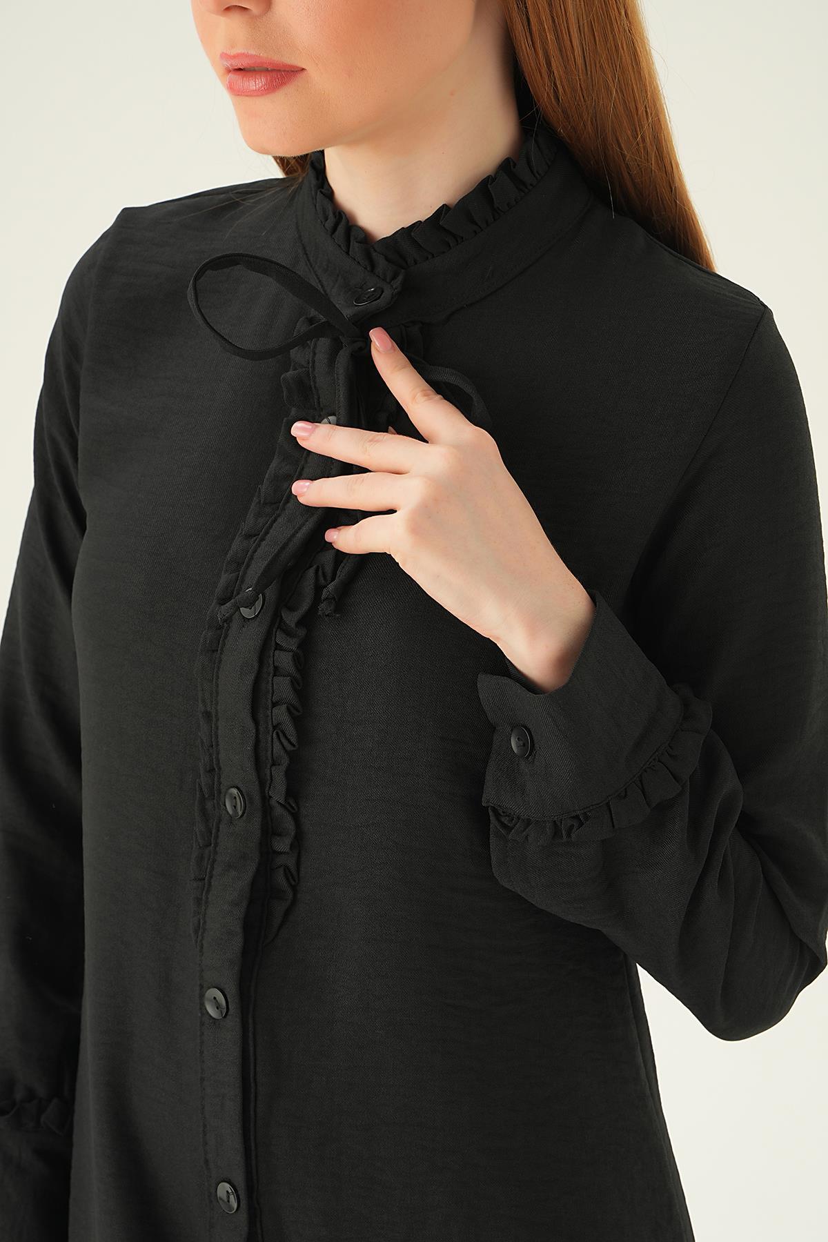 15513 Yaka Fırfır Detay Tunik Siyah - 2