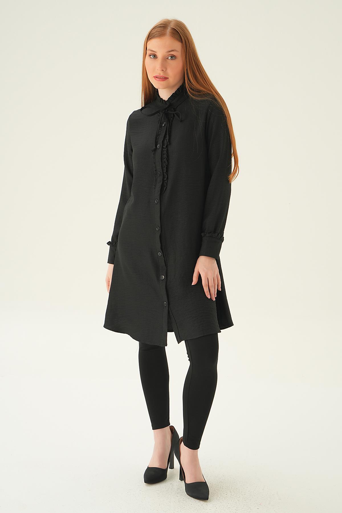 15513 Yaka Fırfır Detay Tunik Siyah - 4