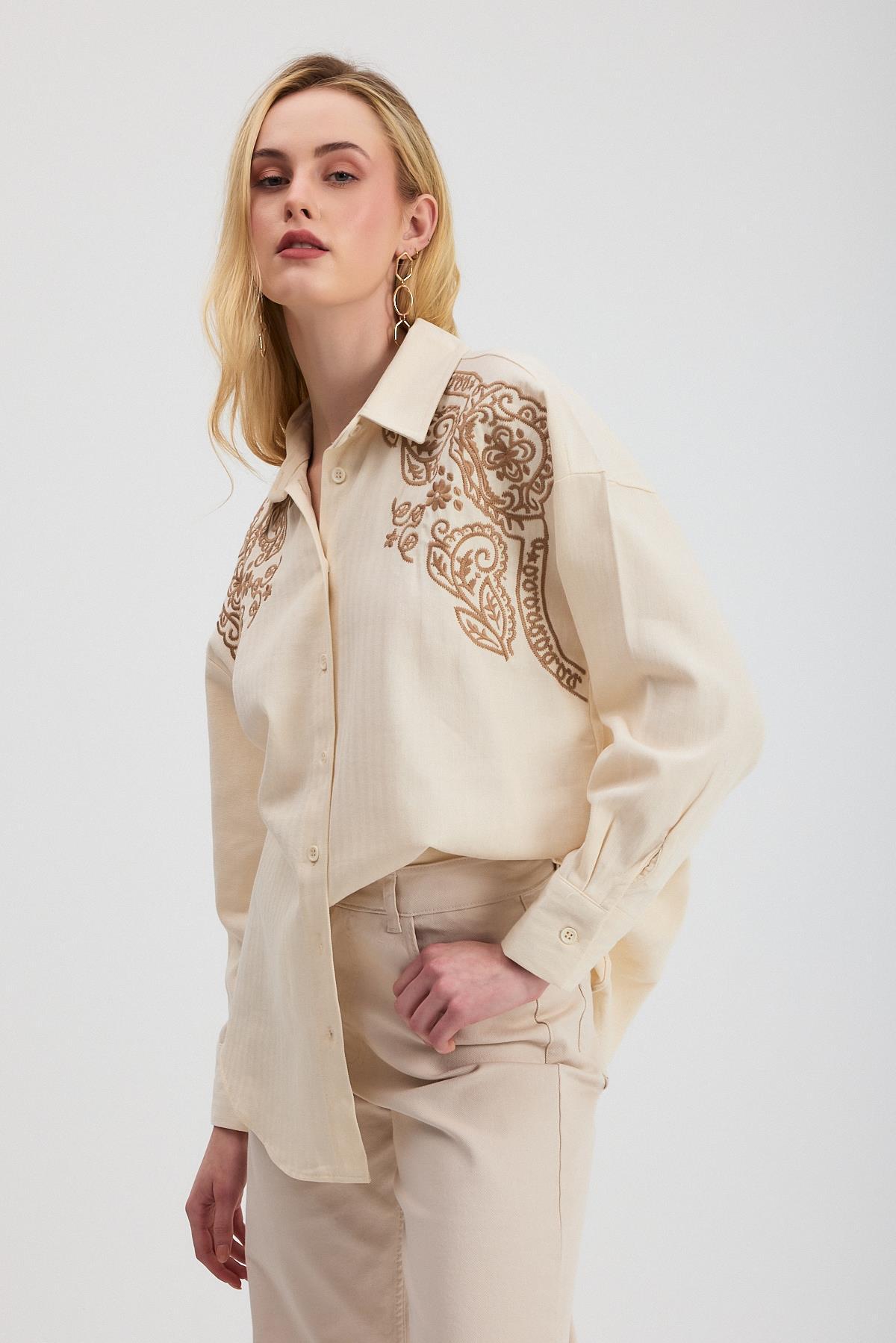 1571 Nakışlı Balıksırtı Gömlek Bej - 2