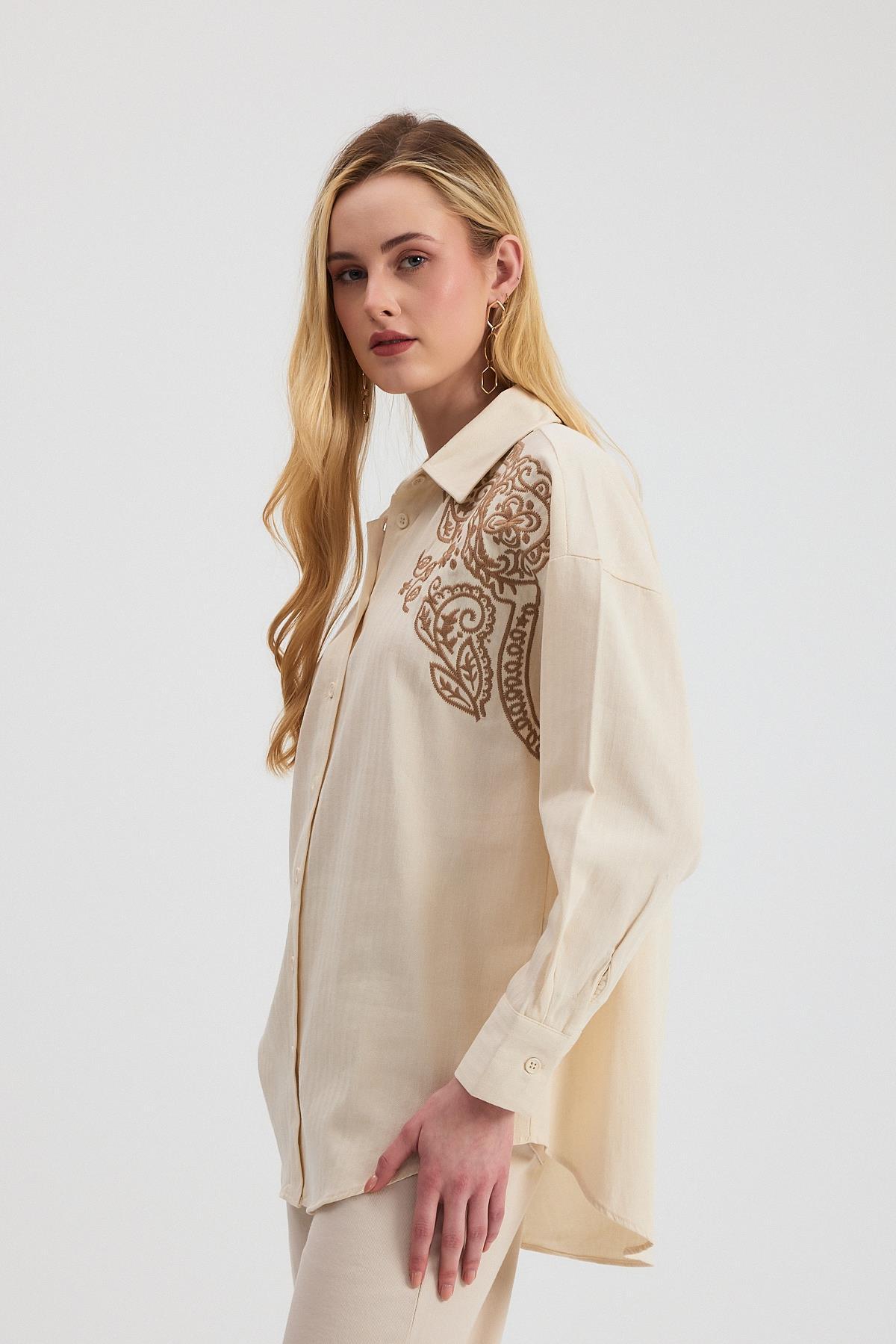 1571 Nakışlı Balıksırtı Gömlek Bej - 3