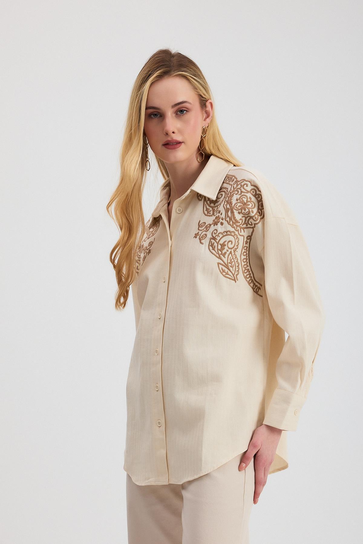 Bej Nakışlı Balıksırtı Gömlek 1571 