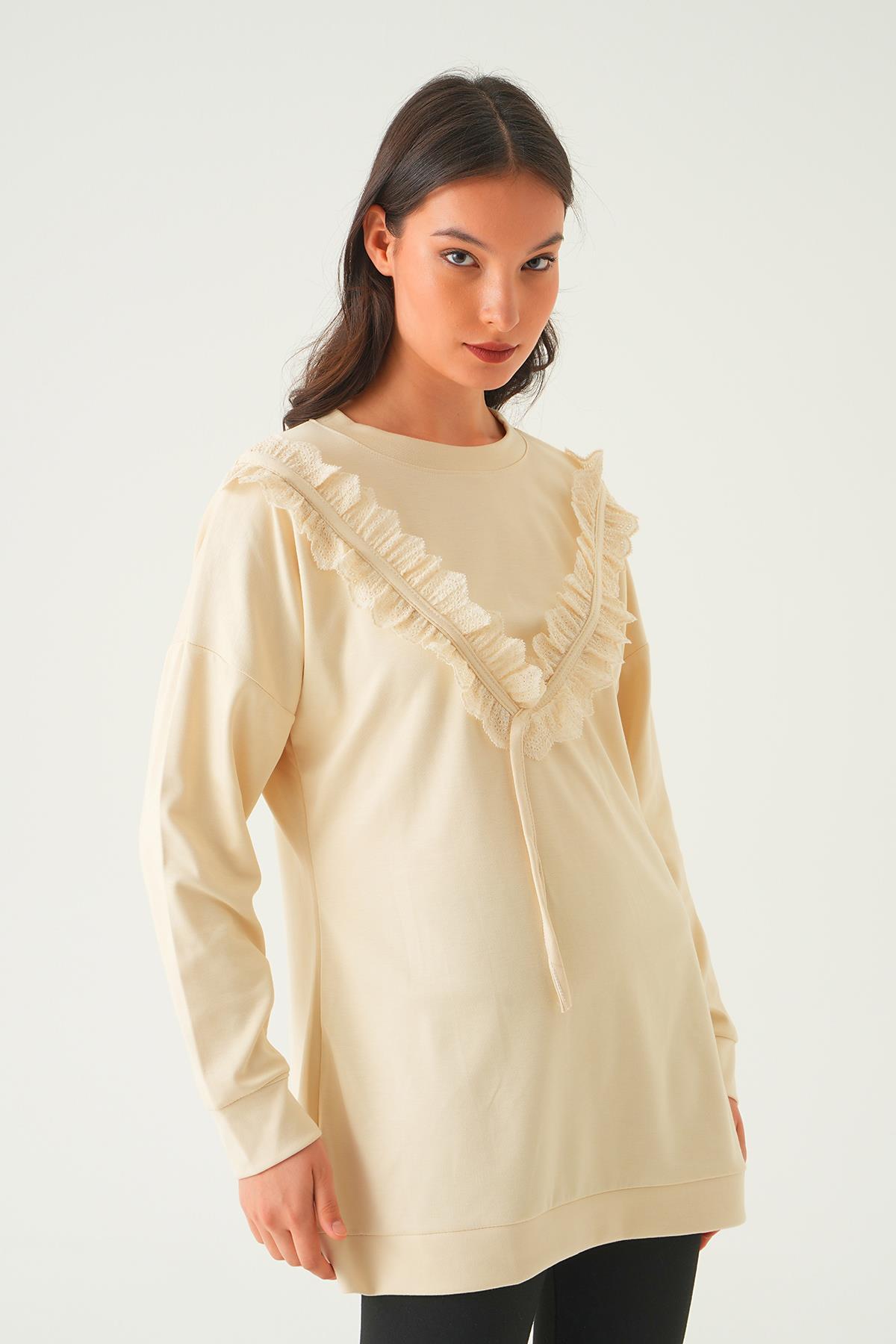 15808 V Dantel Detay Tunik Bej - 1