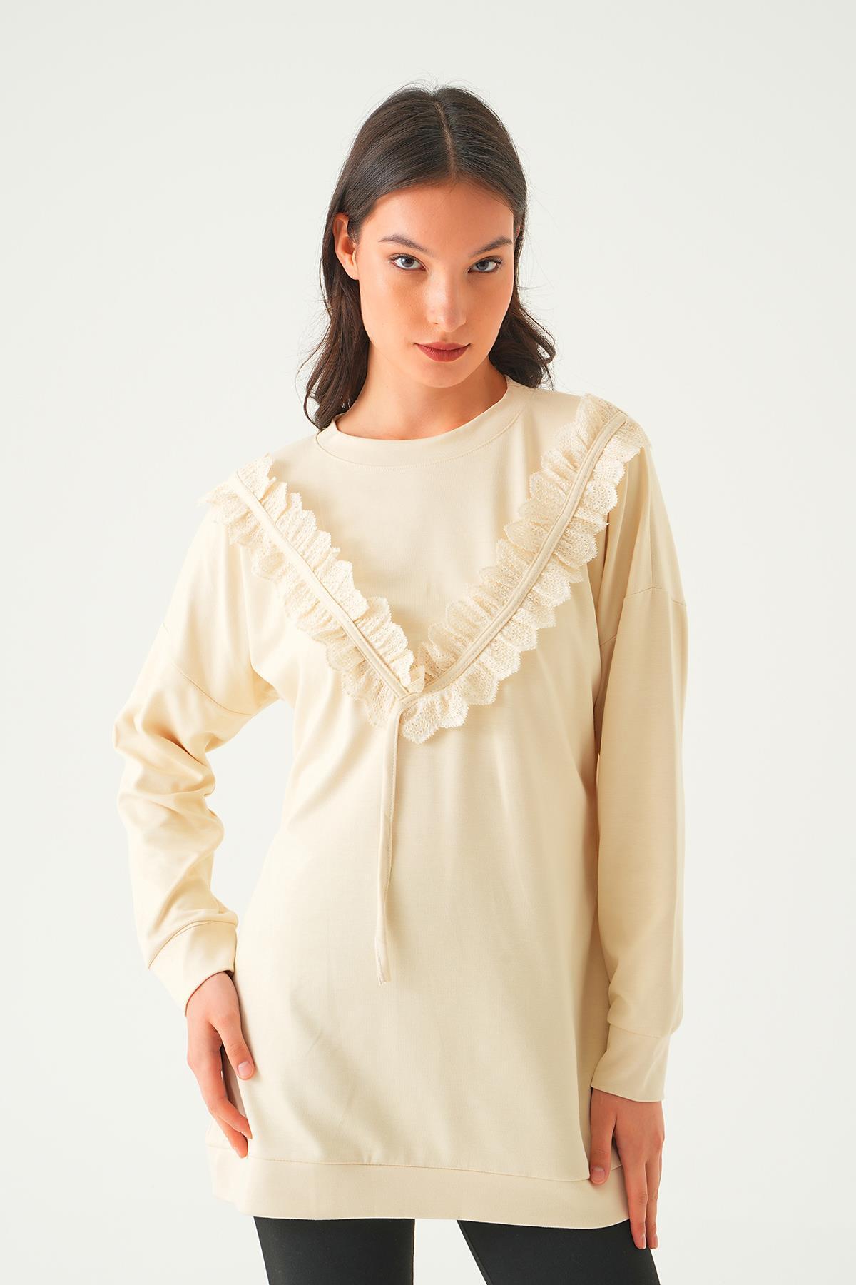 15808 V Dantel Detay Tunik Bej - 3