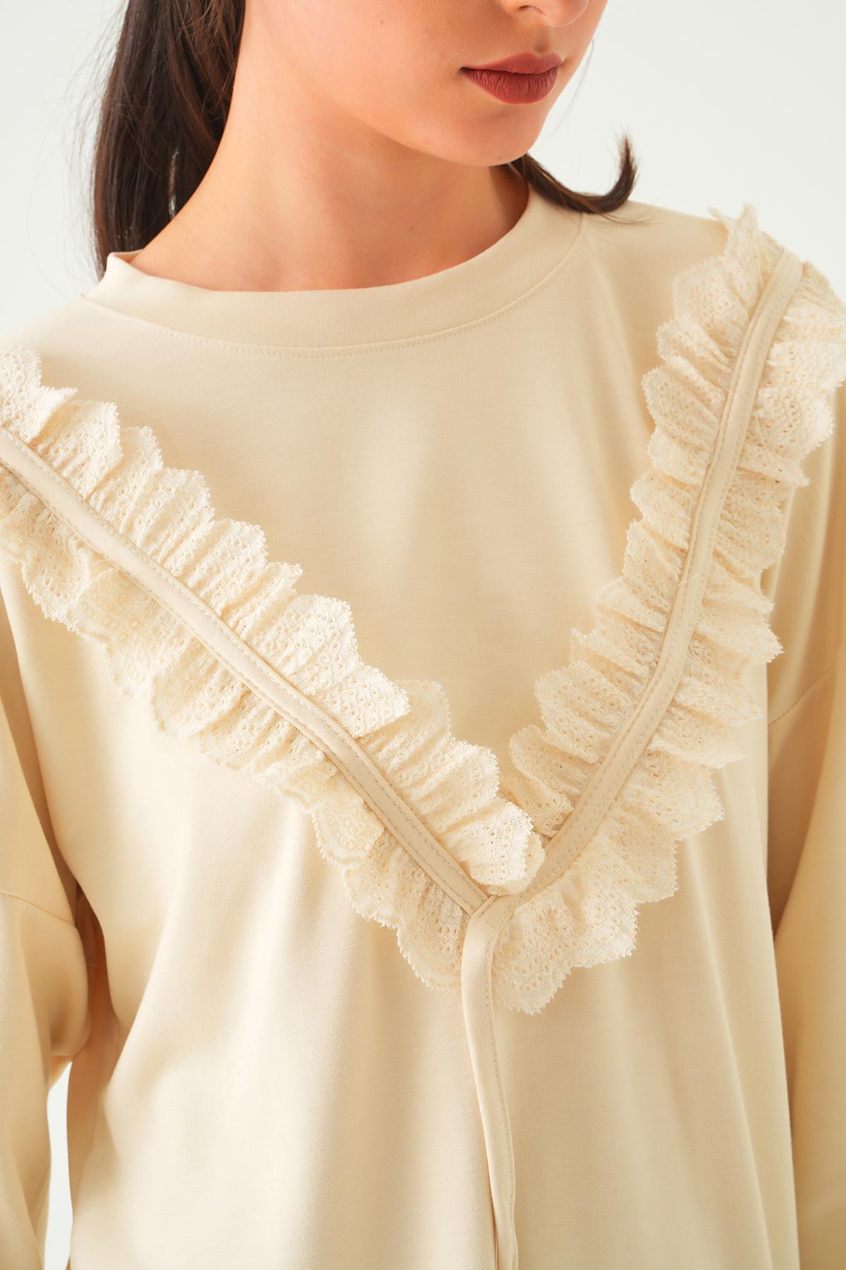 Bej V Dantel Detay Tunik 15808 - 5