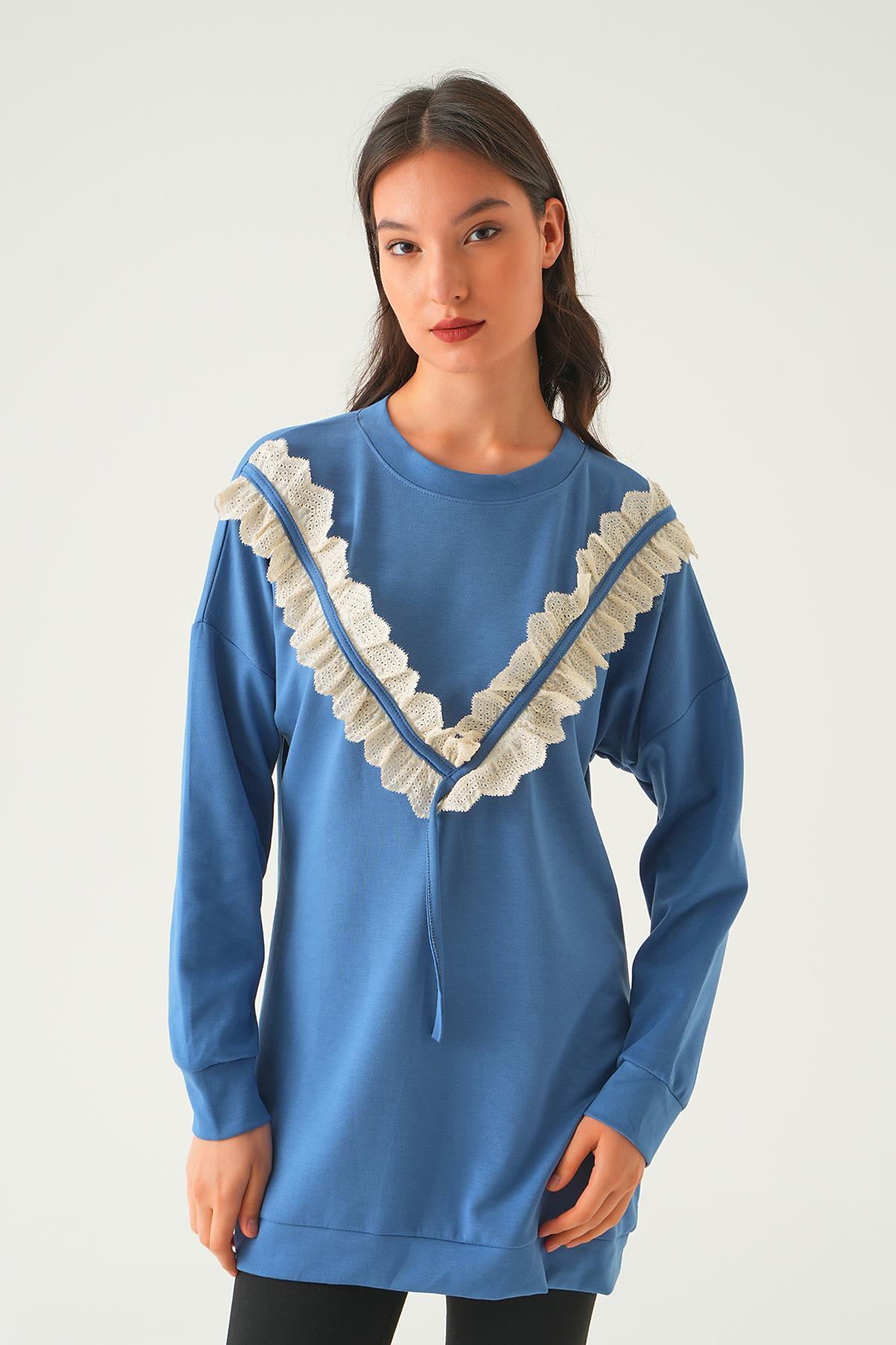 15808 V Dantel Detay Tunik İndigo 