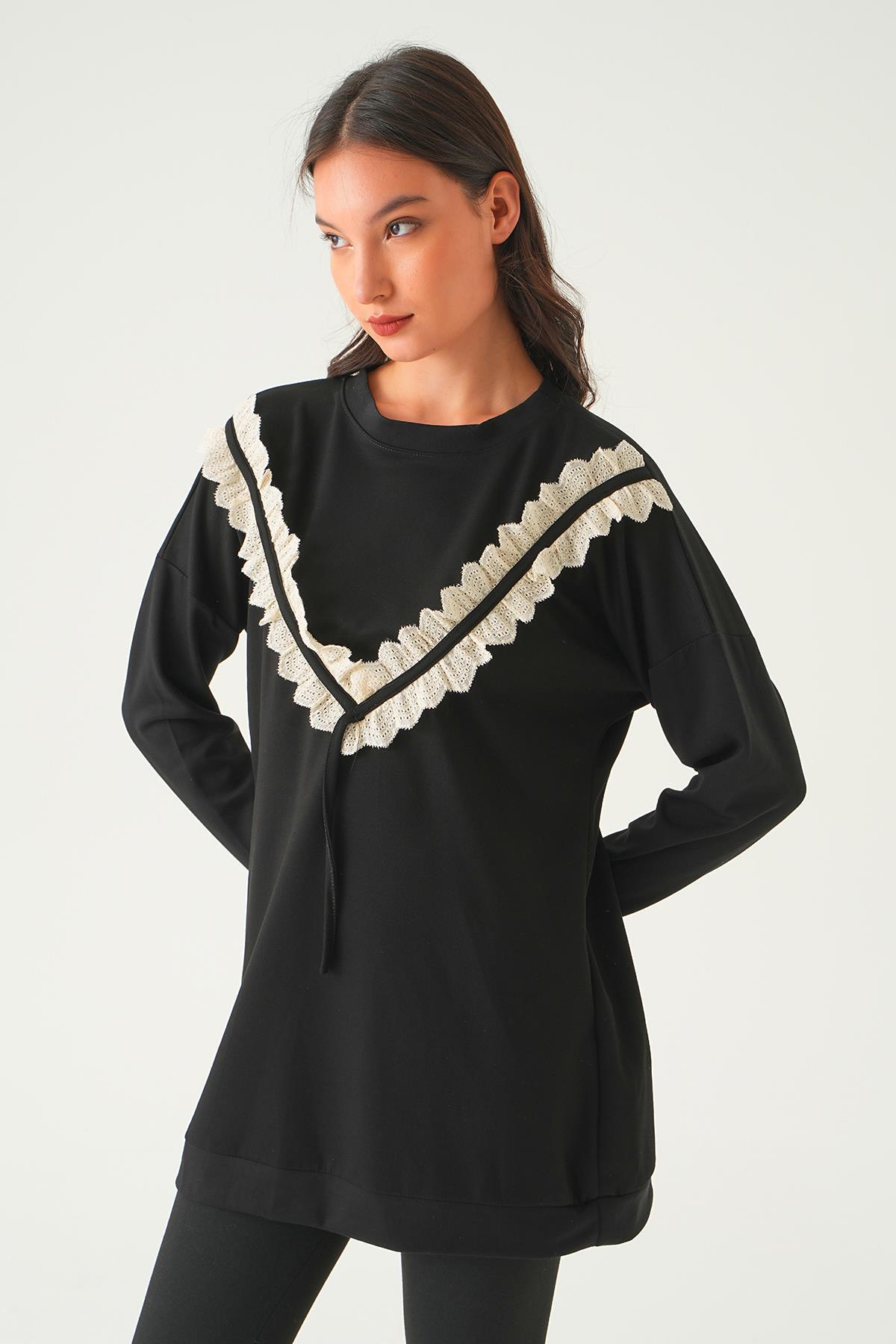 15808 V Dantel Detay Tunik Siyah - 2