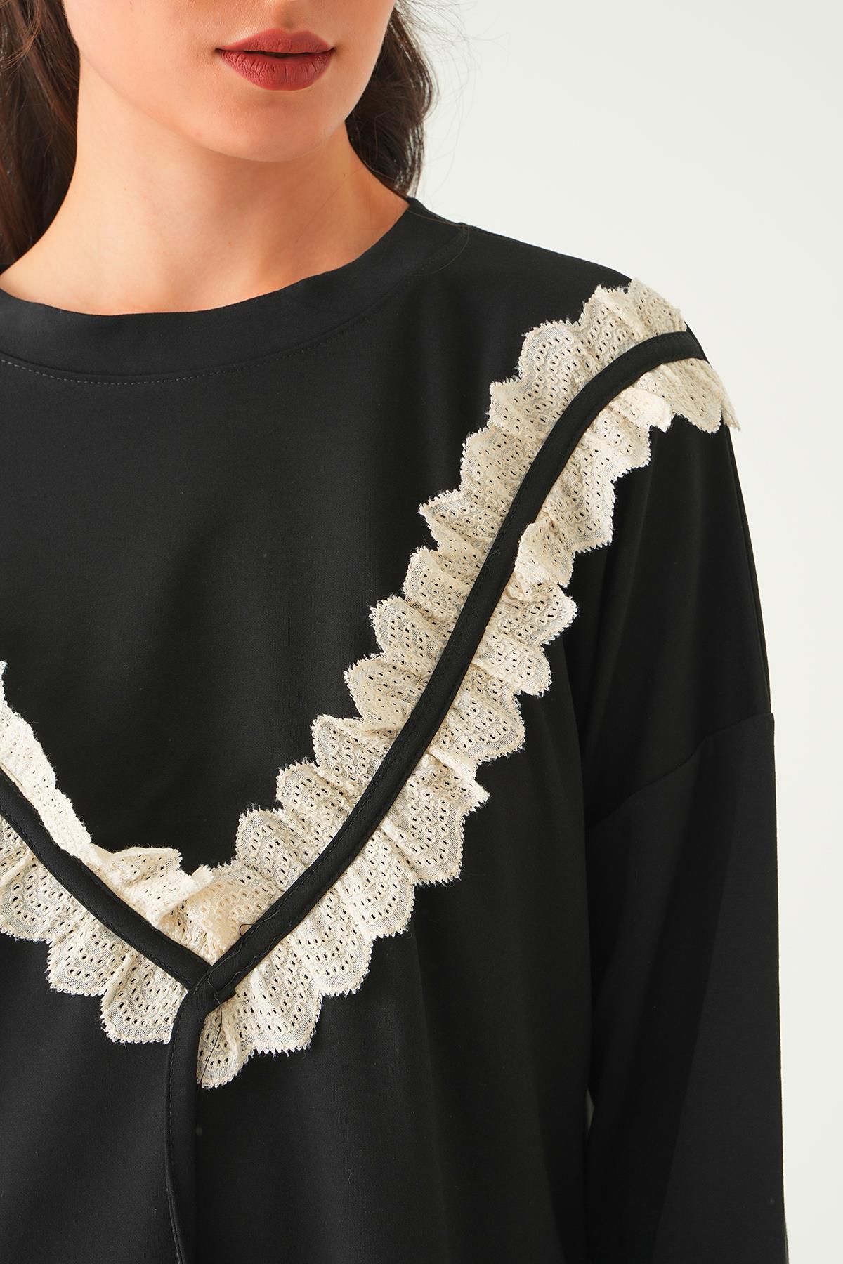 15808 V Dantel Detay Tunik Siyah - 6