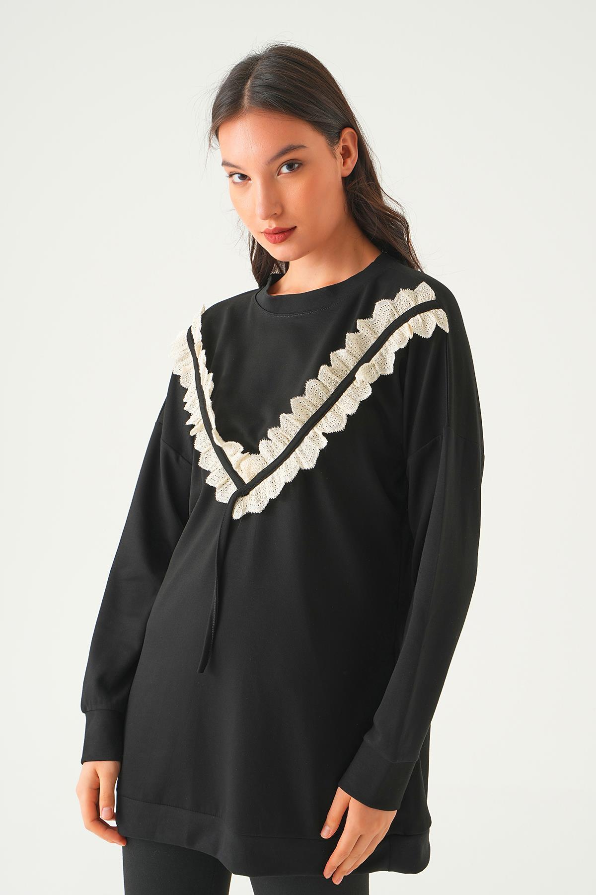 Siyah V Dantel Detay Tunik 15808 - 1