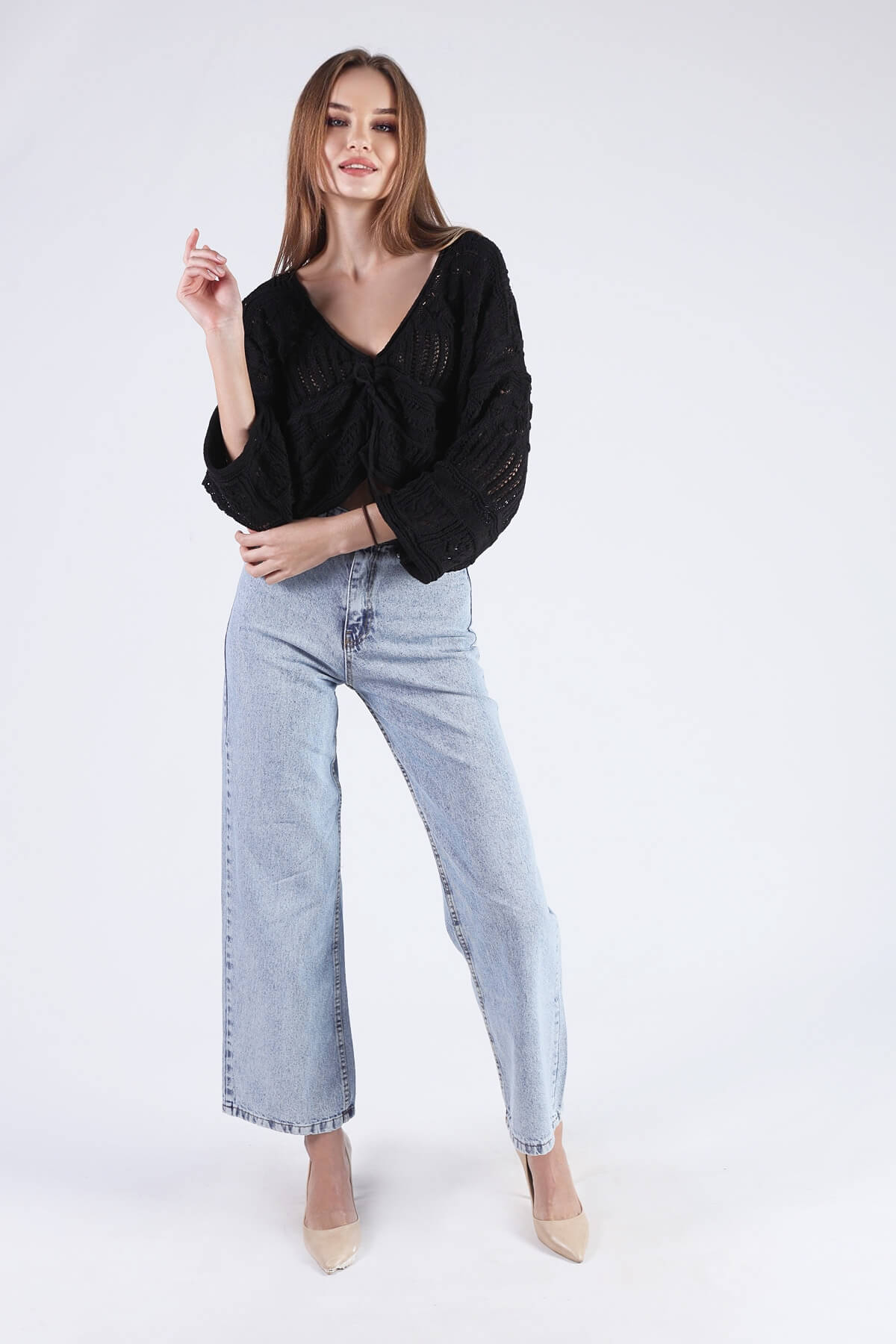 Siyah Ön Büzgü Detay Ajurlu Kazak 1581 - 2