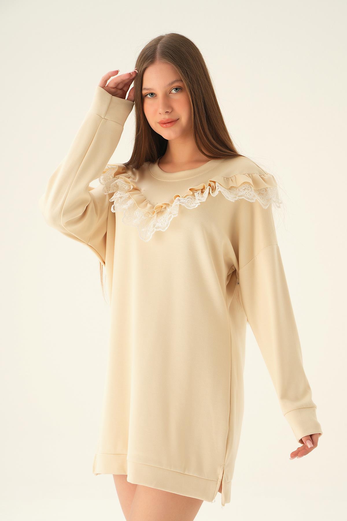 15822 Dantel Detay Tunik Bej - 2