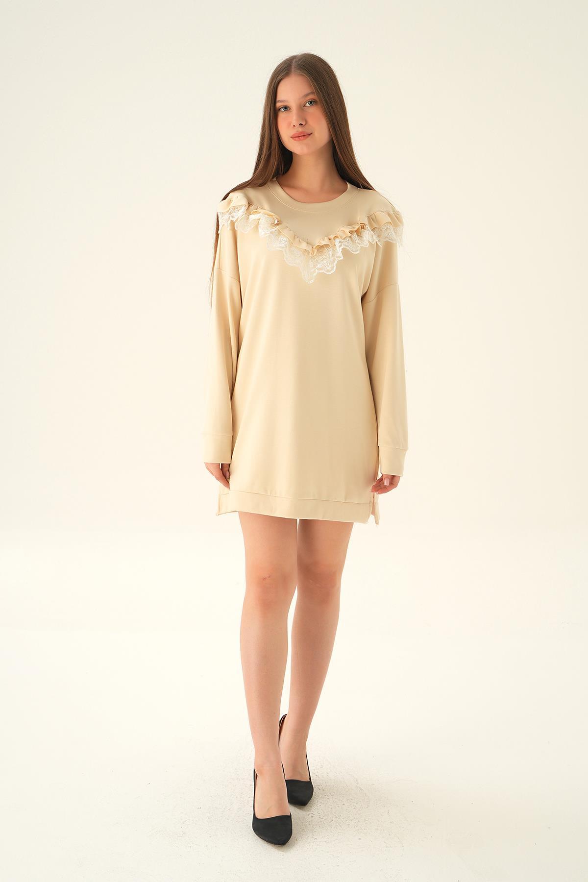 15822 Dantel Detay Tunik Bej - 6