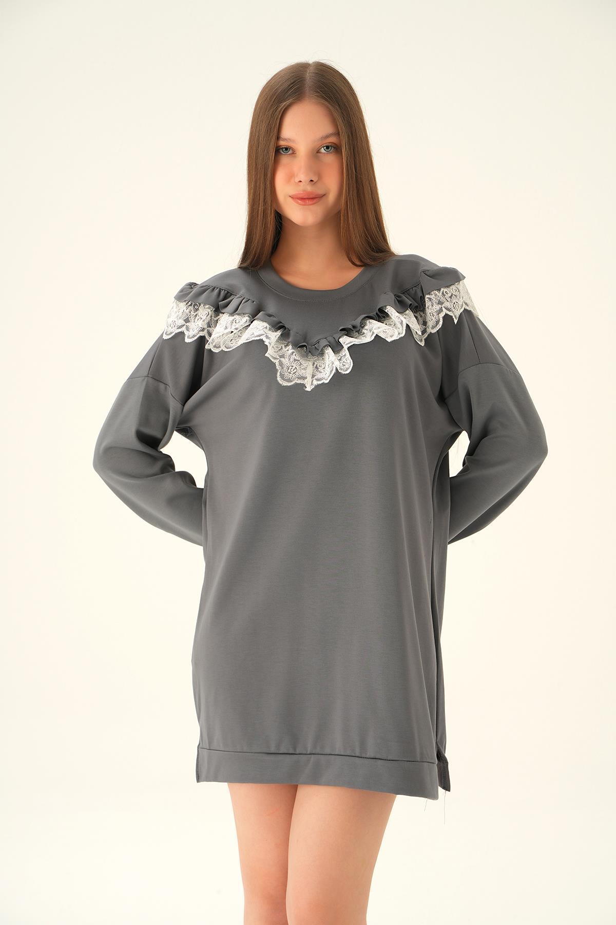15822 Dantel Detay Tunik Gri 