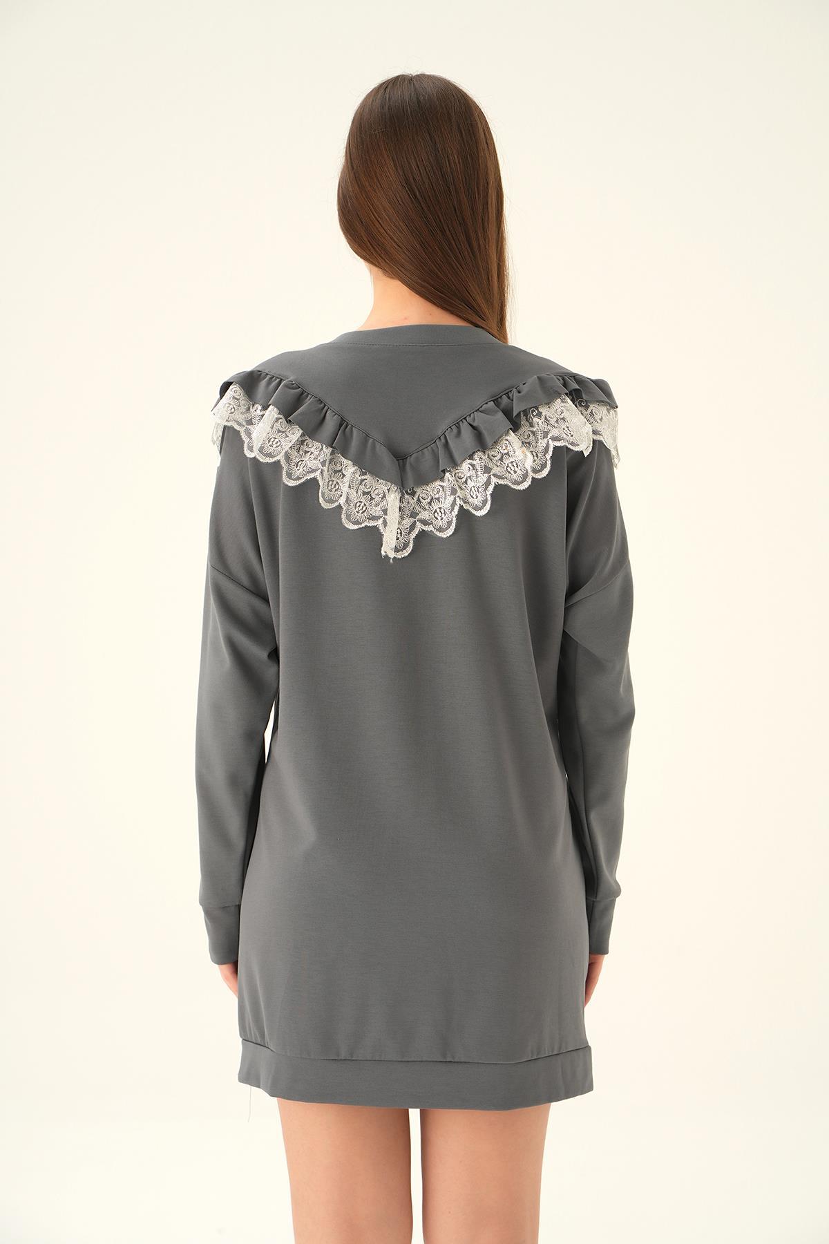 15822 Dantel Detay Tunik Gri - 4