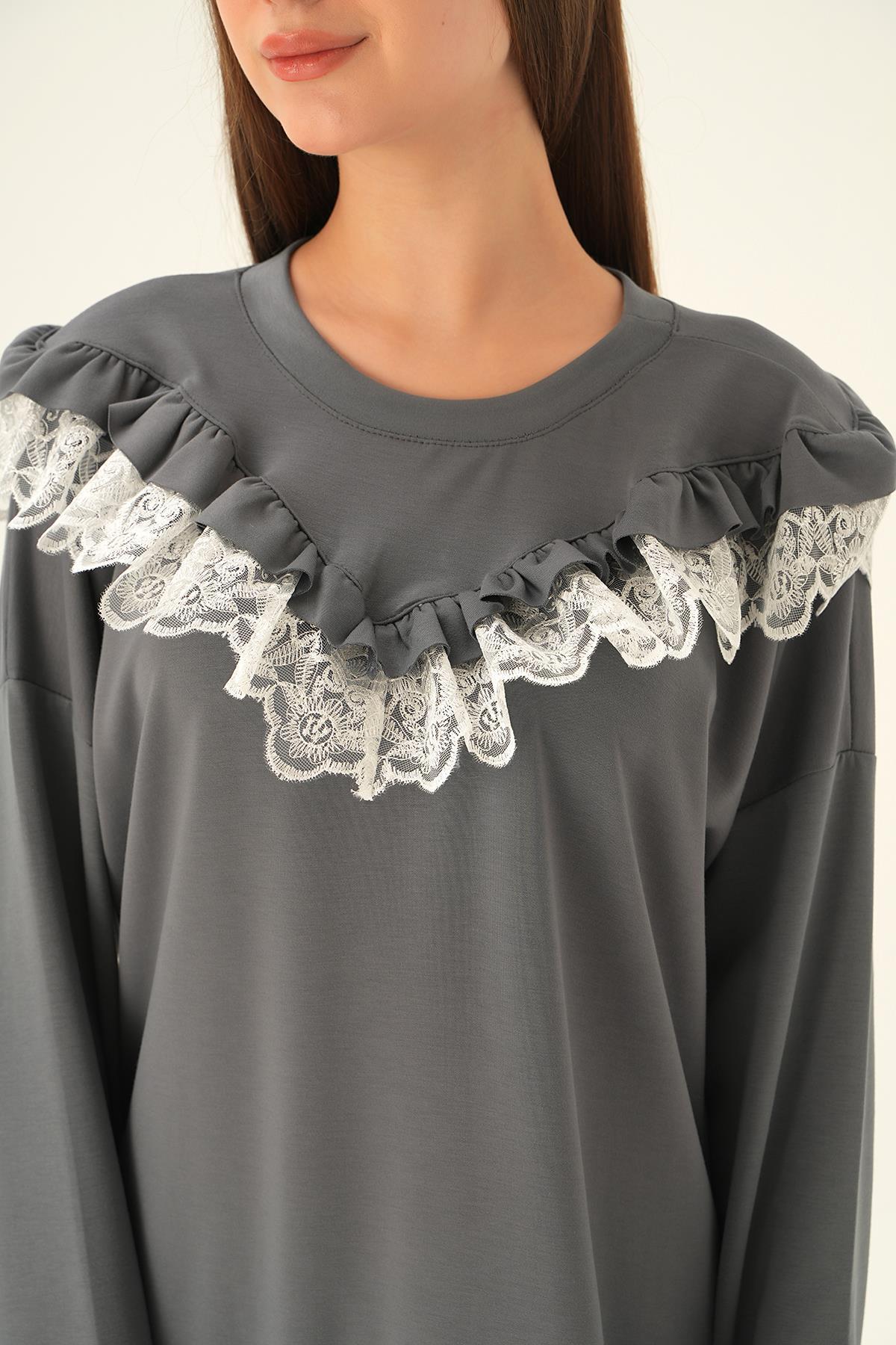 15822 Dantel Detay Tunik Gri - 5