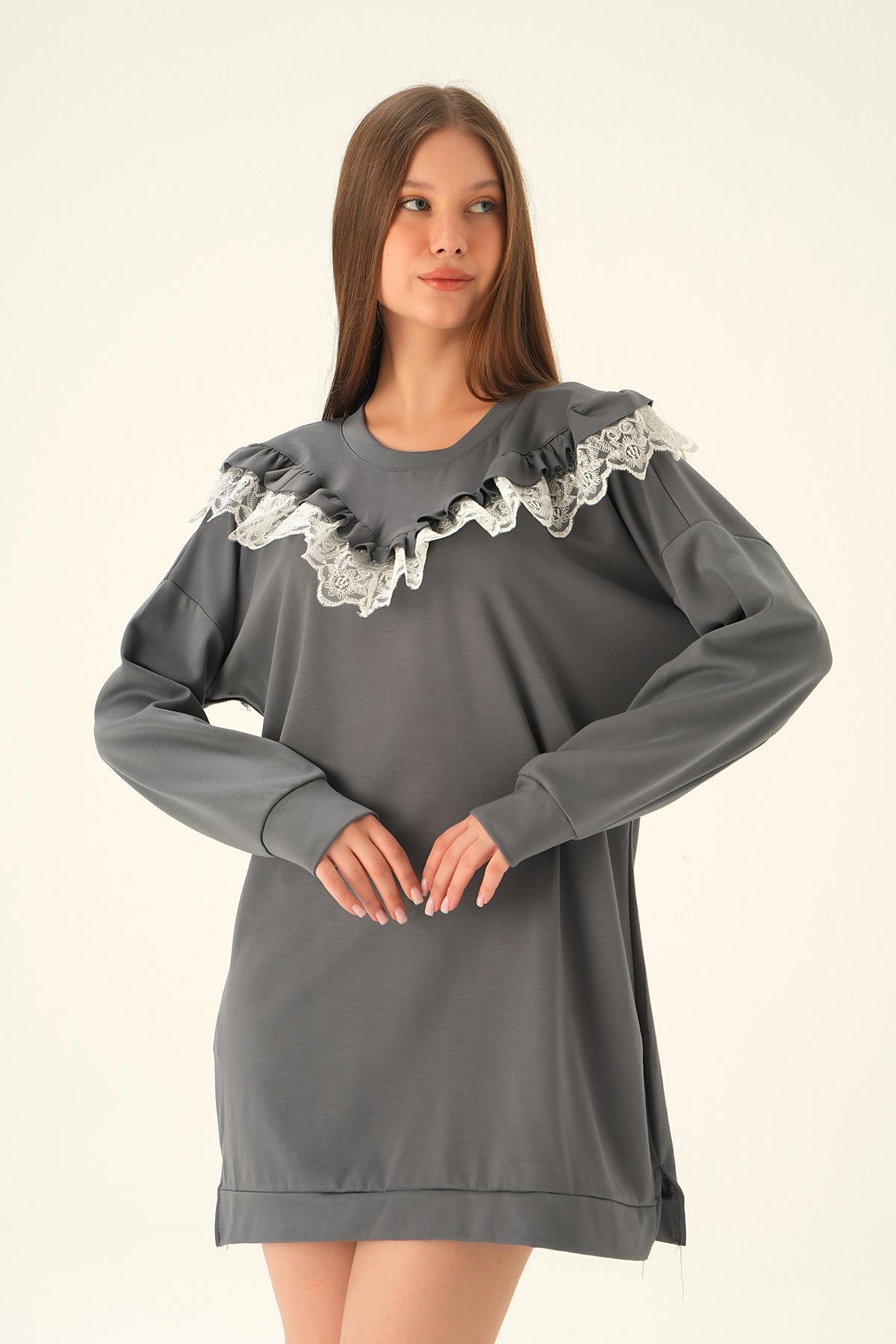 Gri Dantel Detay Tunik 15822 - 2