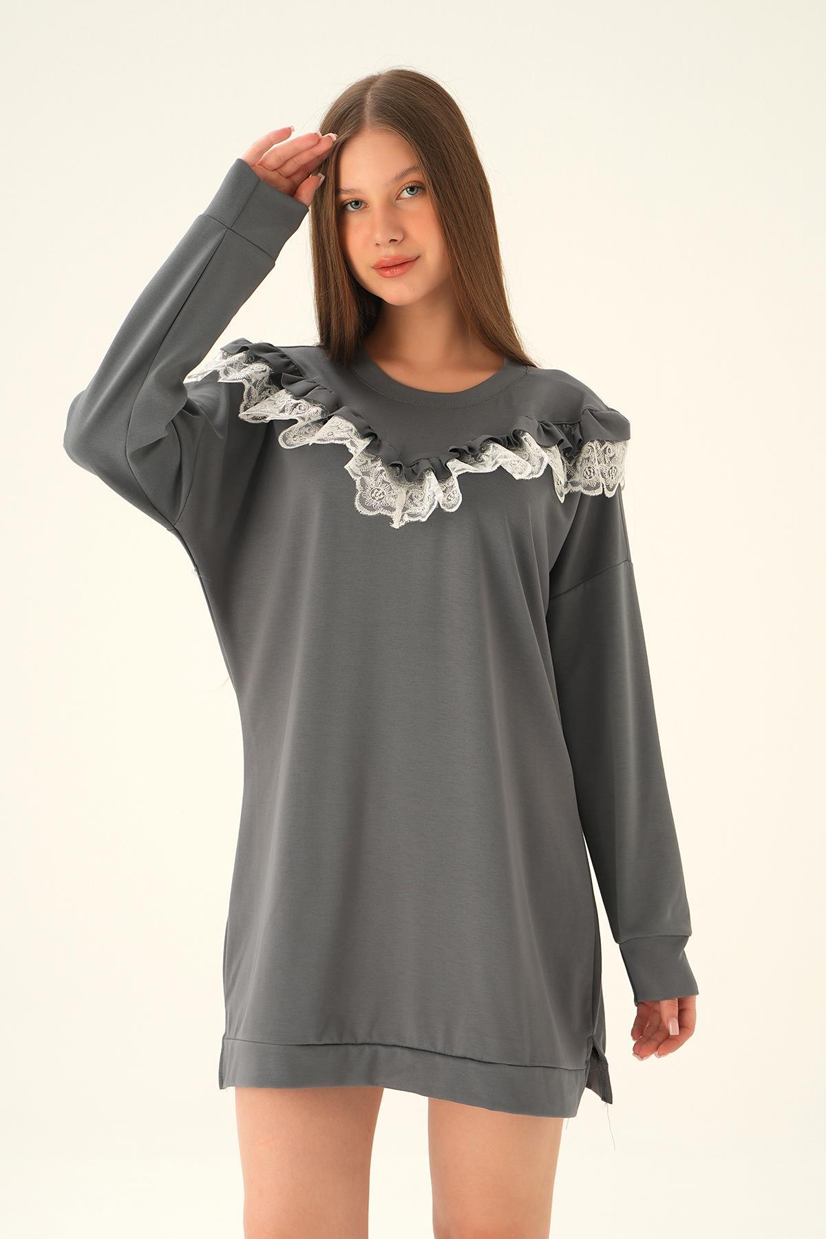 Gri Dantel Detay Tunik 15822 - 3