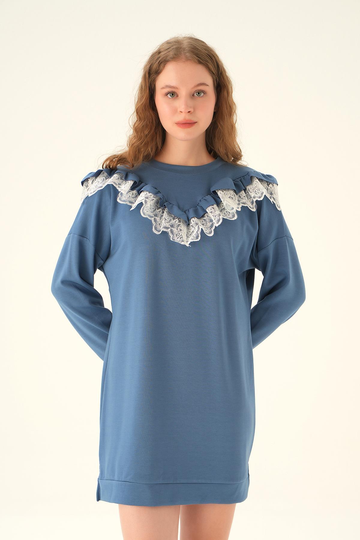 15822 Dantel Detay Tunik İndigo 