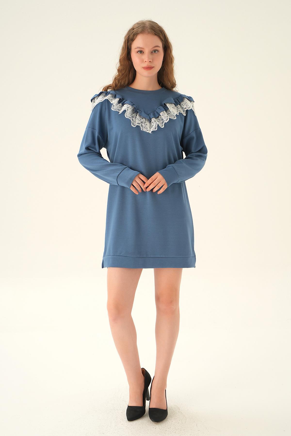 15822 Dantel Detay Tunik İndigo - 2