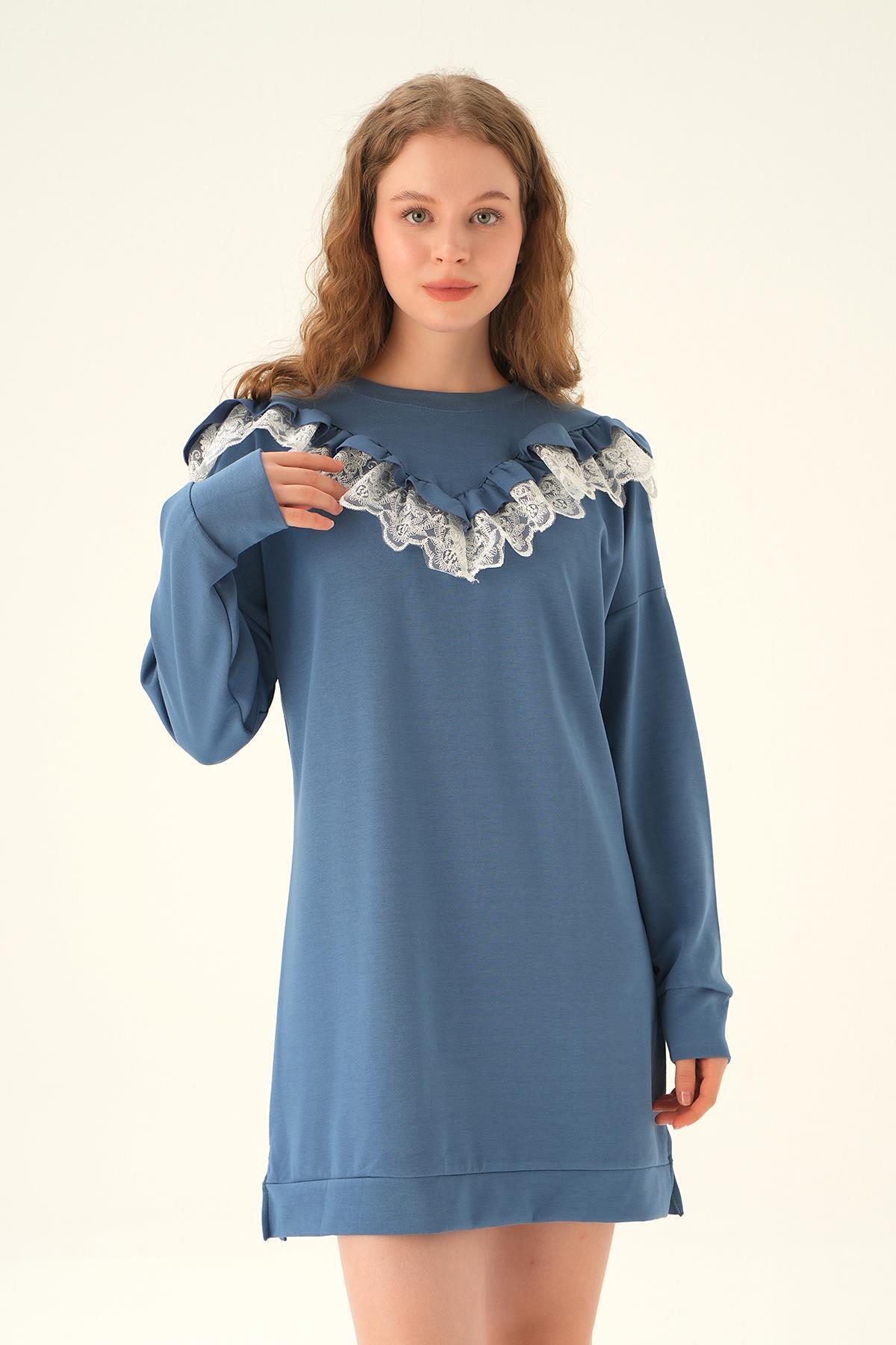 15822 Dantel Detay Tunik İndigo - 4
