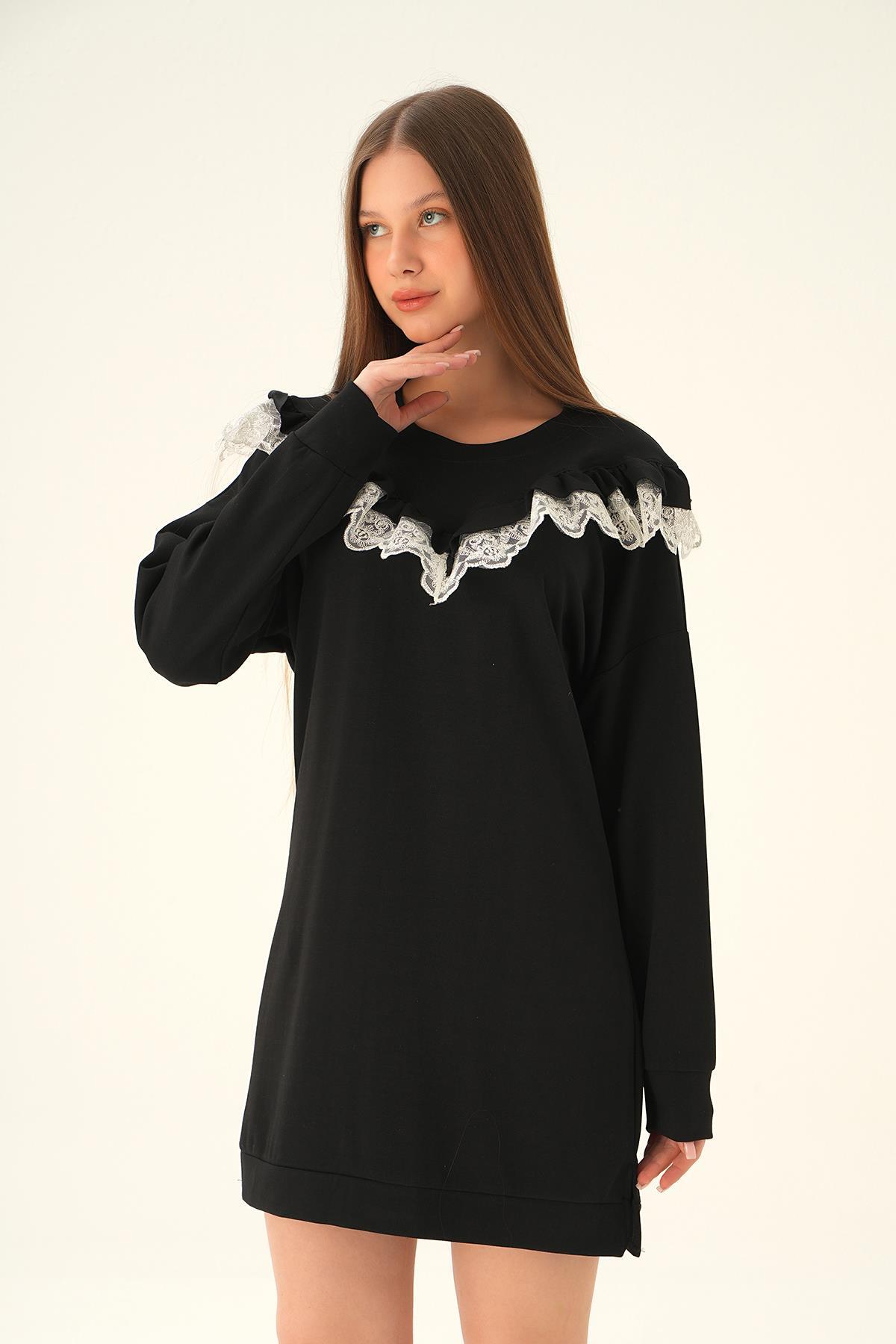 15822 Dantel Detay Tunik Siyah - 2