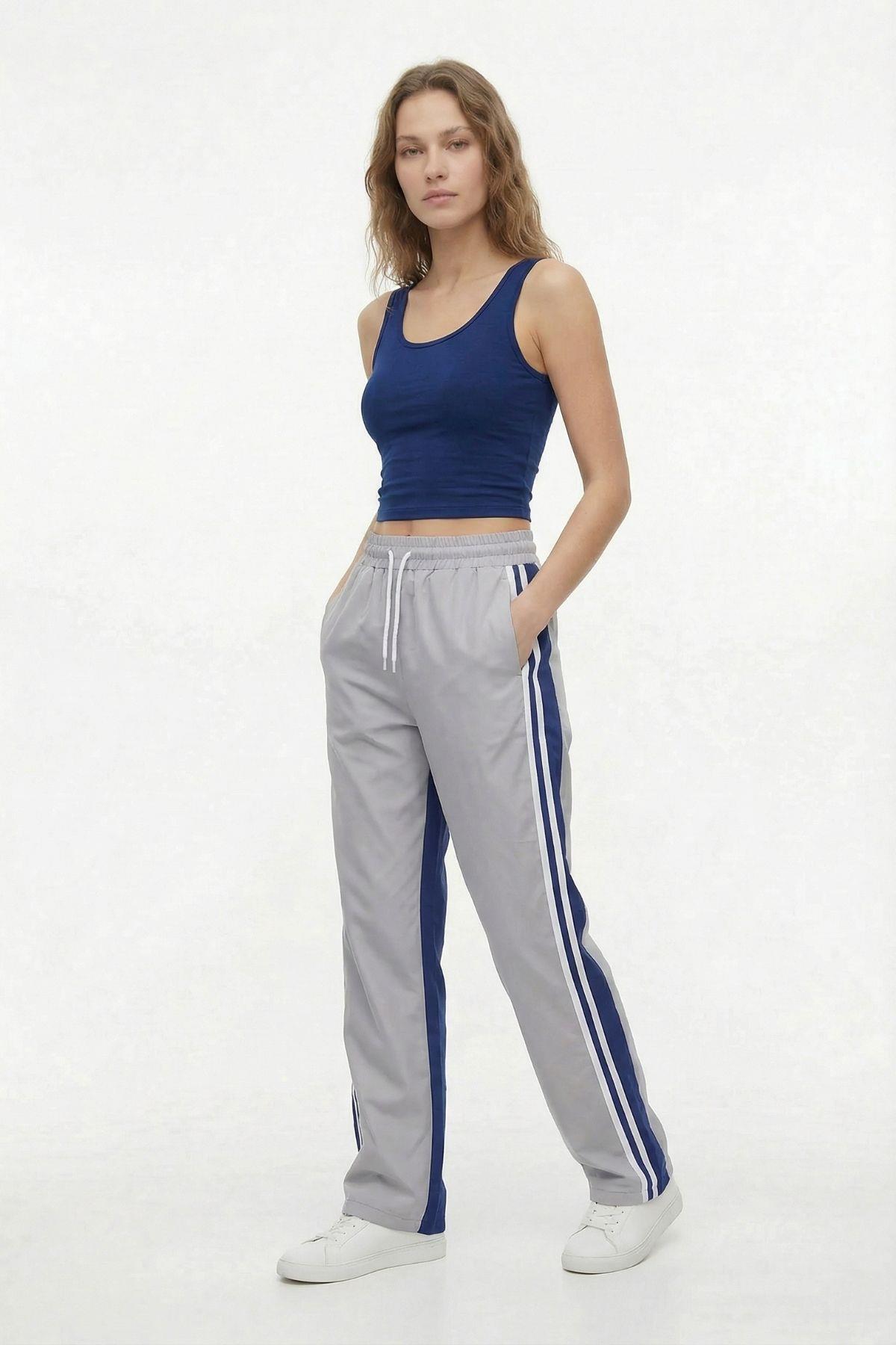 1604 Yan Şeritli Paça Lastik Eşofman Gri - 1