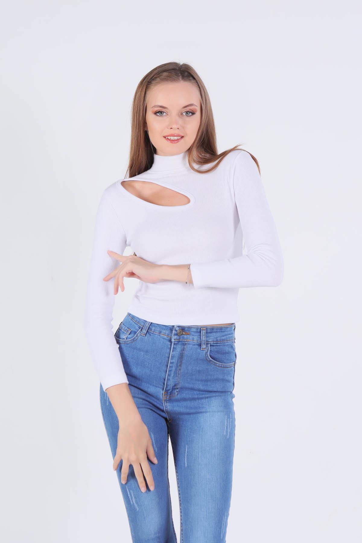 1630 Yan Dudak Balıkçı Yaka Bluz Beyaz - 2