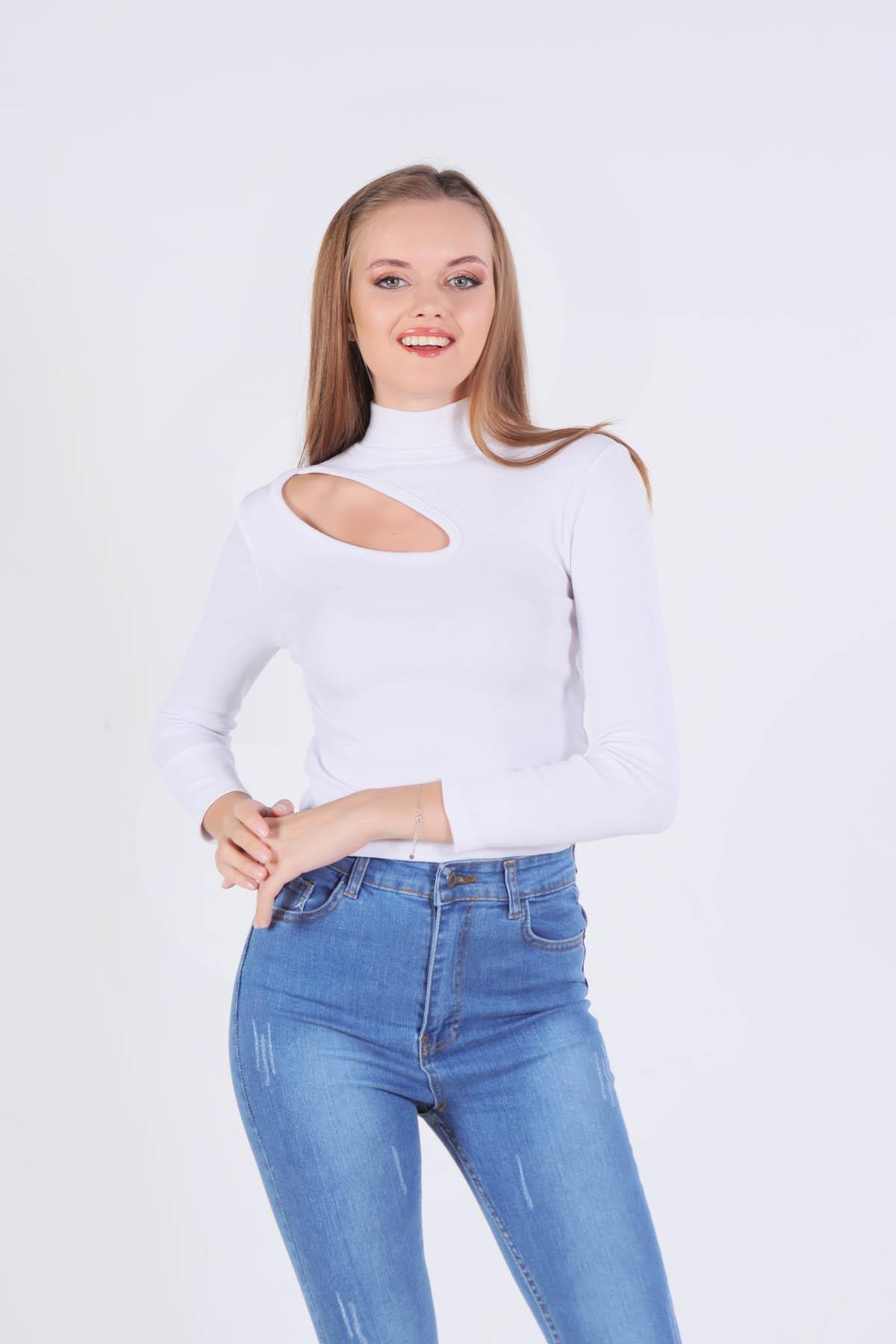 Beyaz Yan Dudak Balıkçı Yaka Bluz 1630 - 3