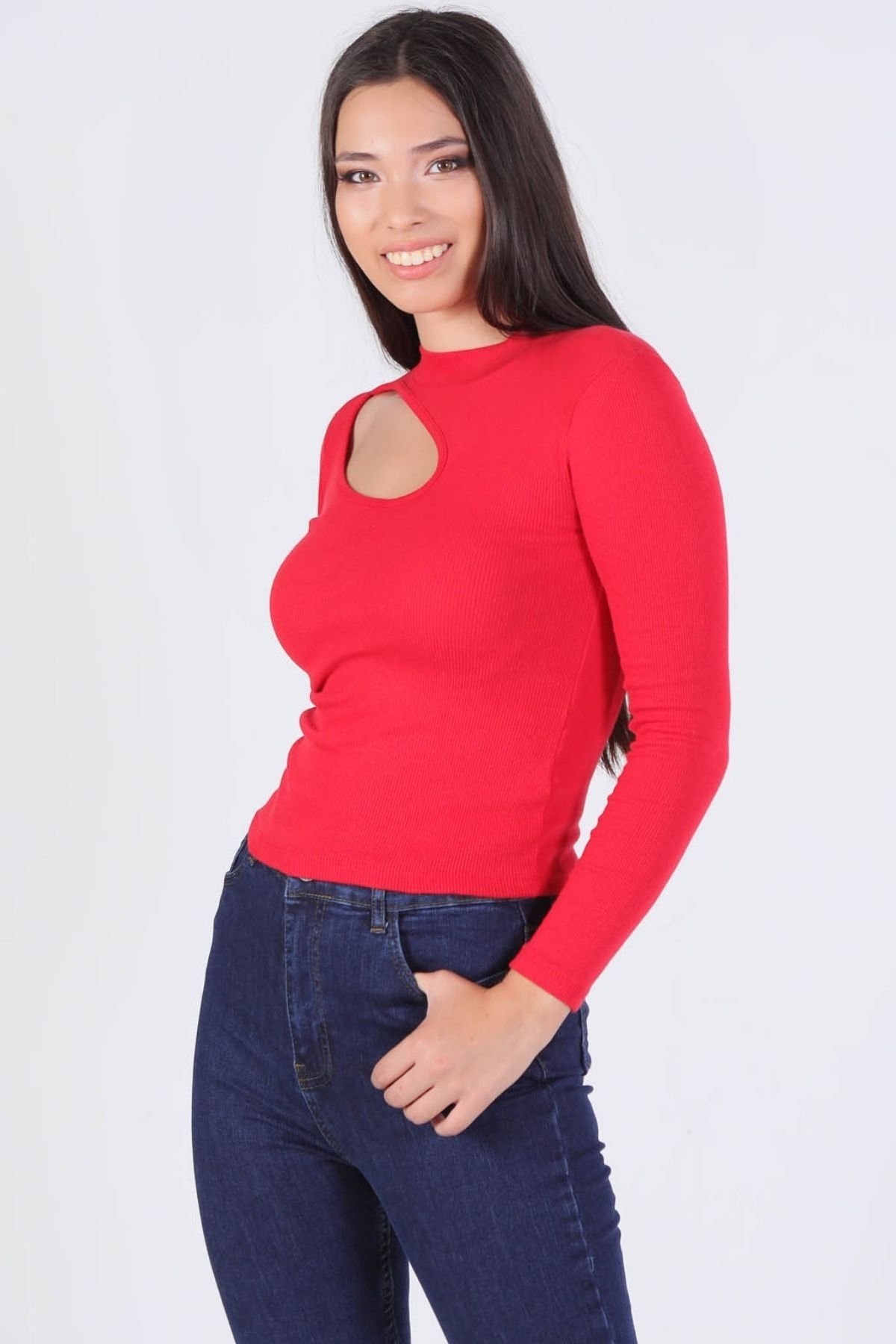 1630 Yan Dudak Balıkçı Yaka Bluz Kırmızı - 3