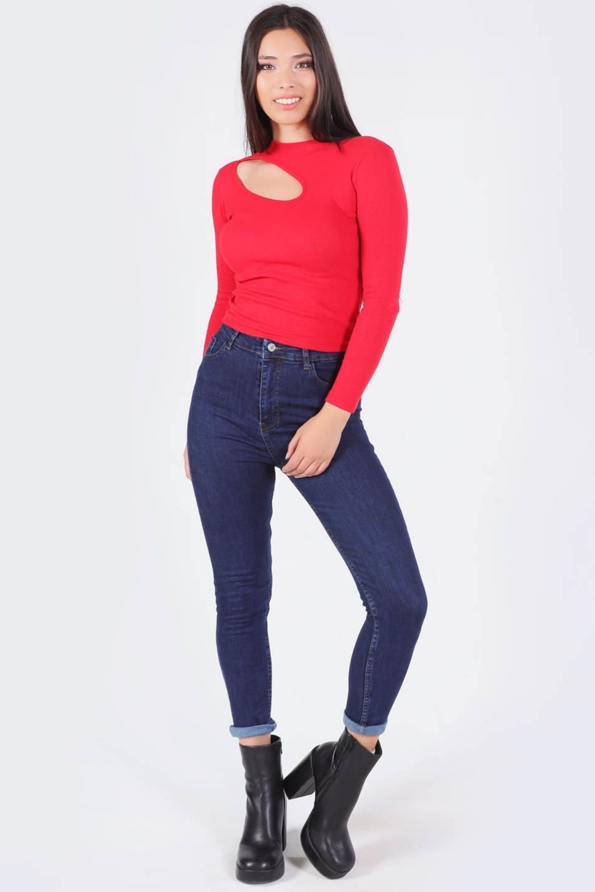 1630 Yan Dudak Balıkçı Yaka Bluz Kırmızı - 4